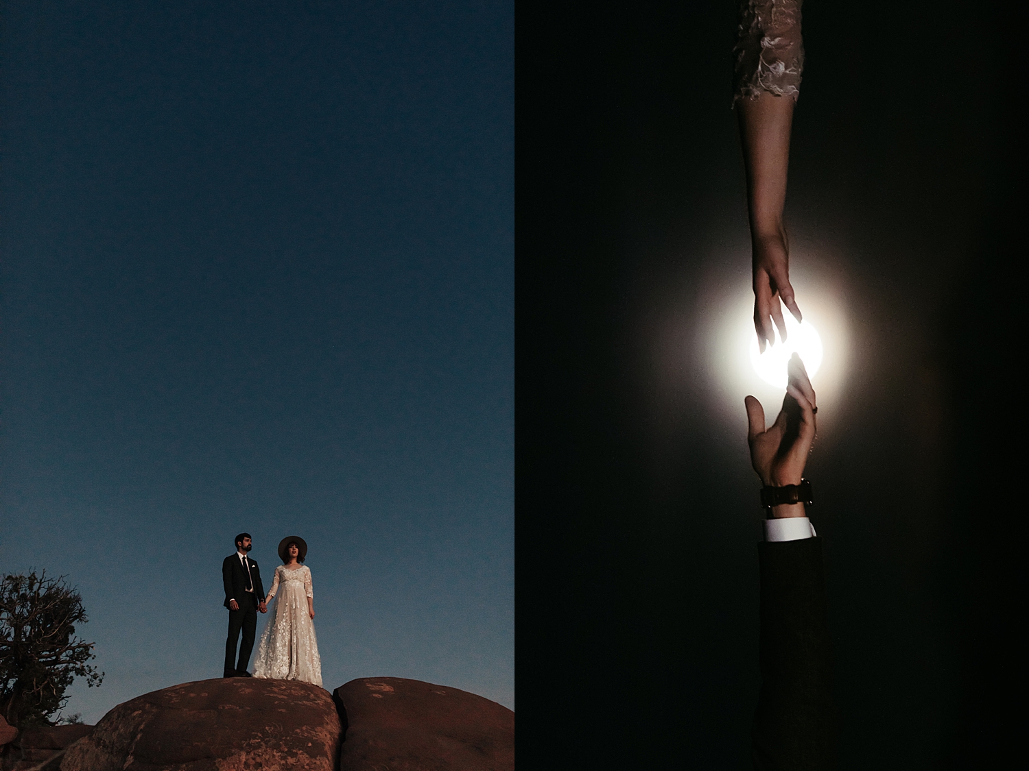couple stands on cliffside in setting sun by Destination wedding photographer