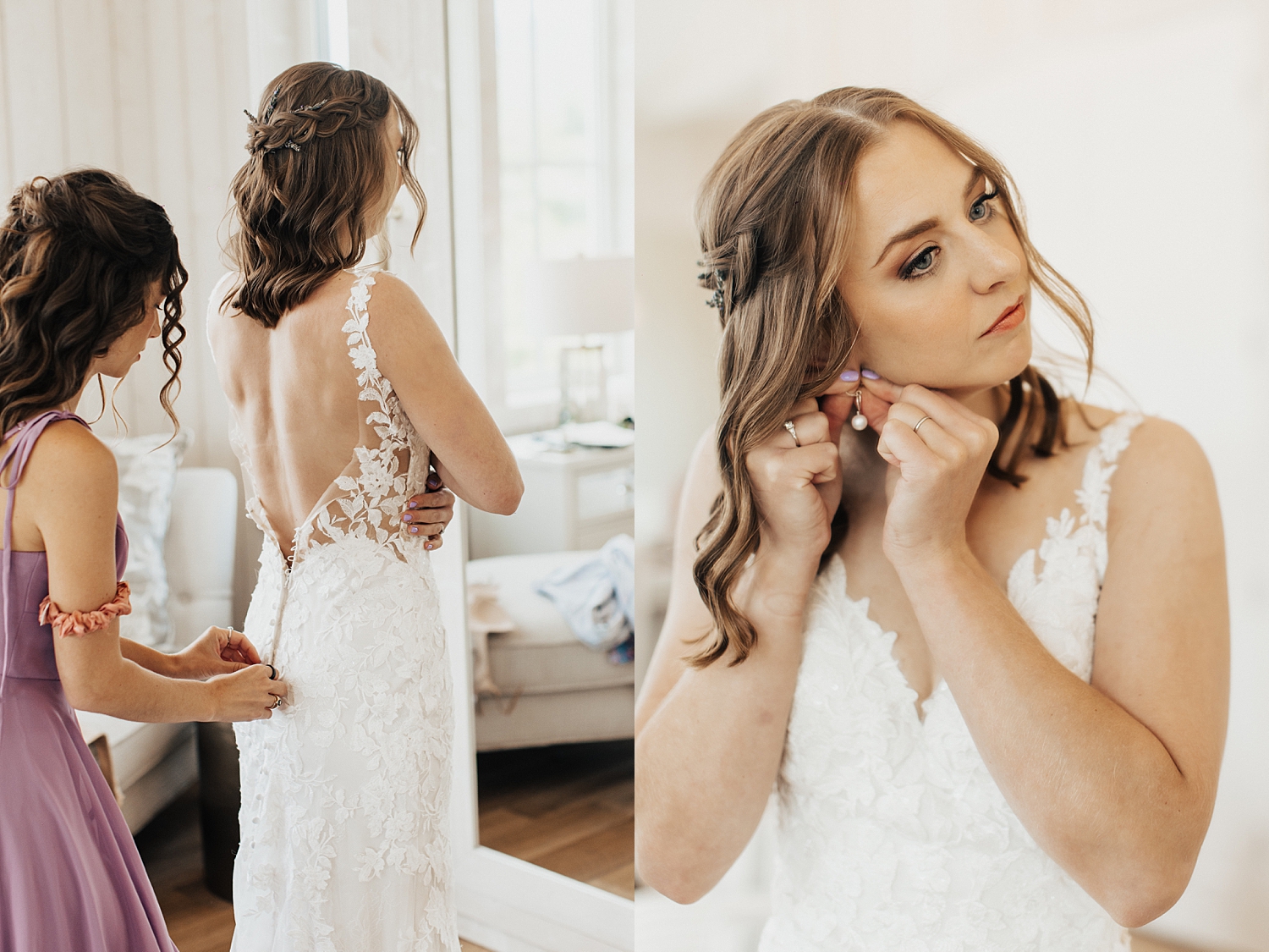 bride adjusts her earring before first look by Nicole Aston photography