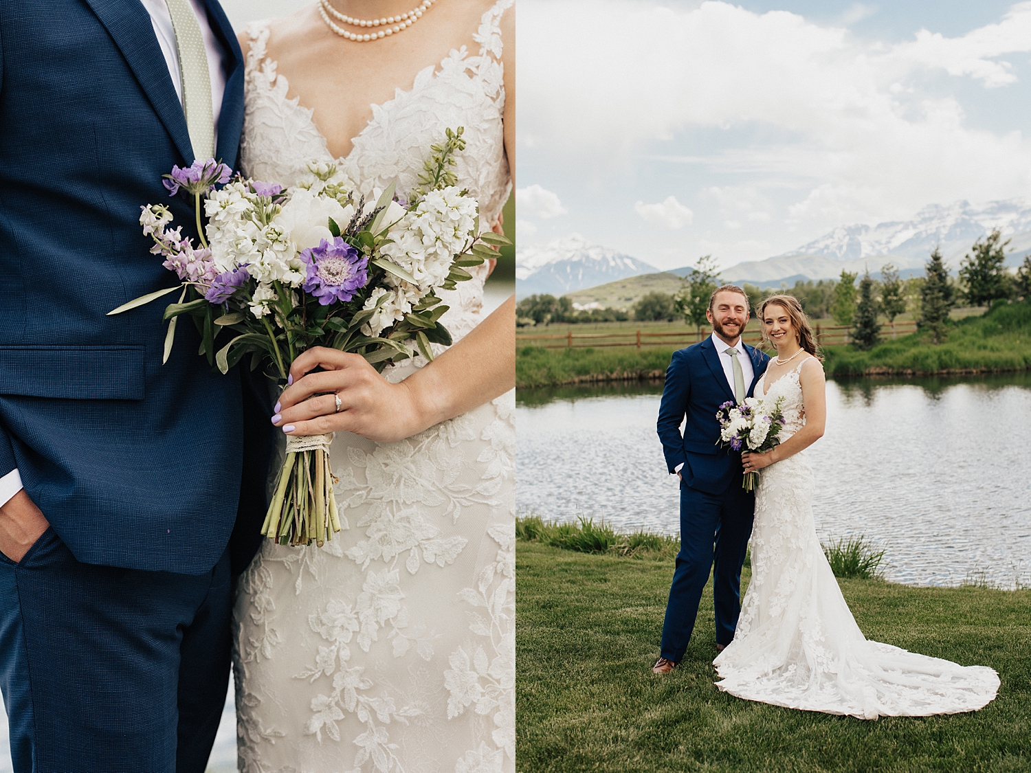 bride and groom stand in front of water and mountains by Destination wedding photographer