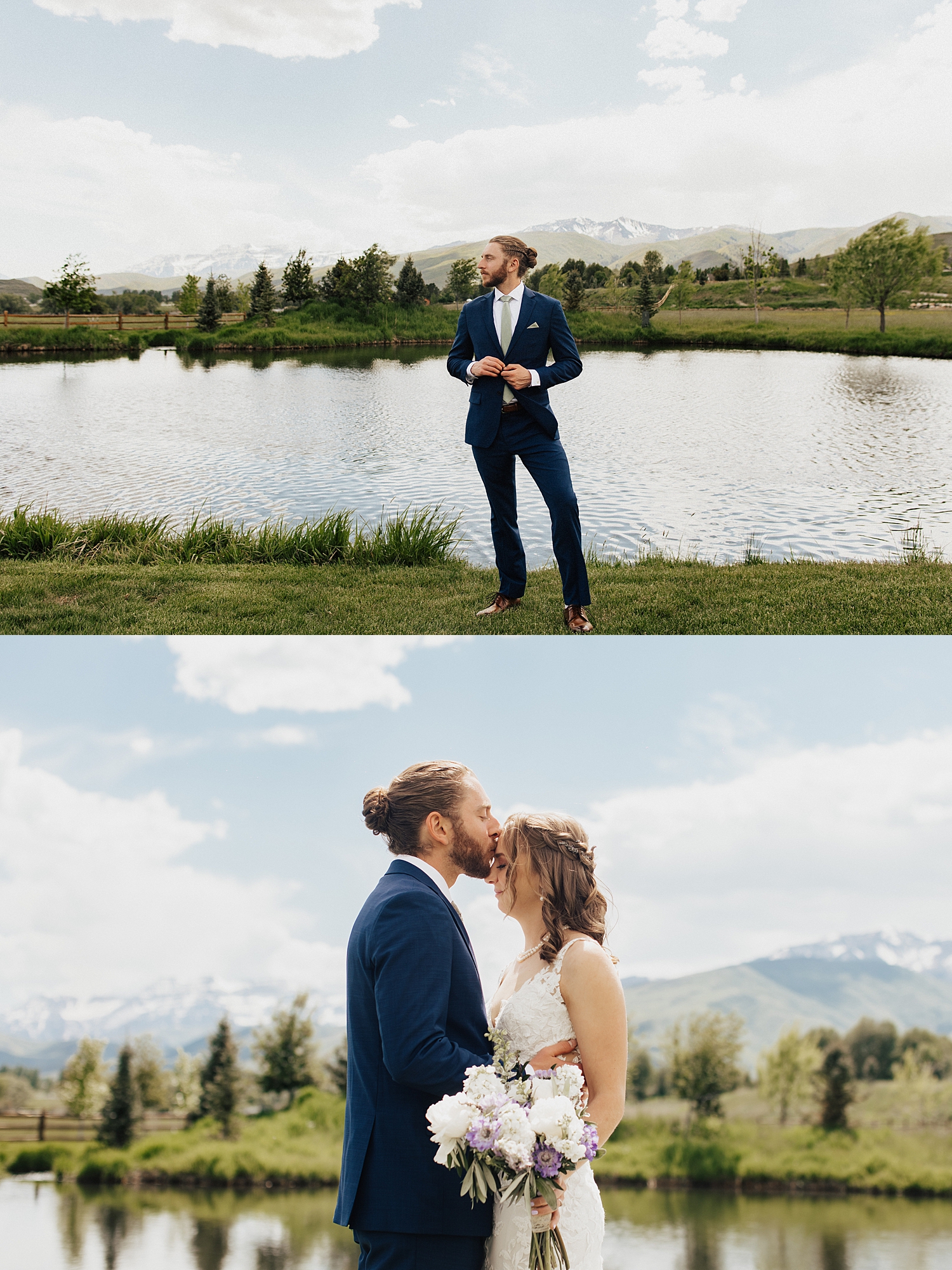 bride and groom stand in front of pond at River Bottom Ranch venue
