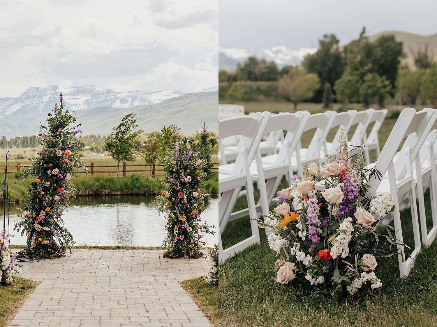 ceremony set up with colorful florals at River Bottom Ranch venue