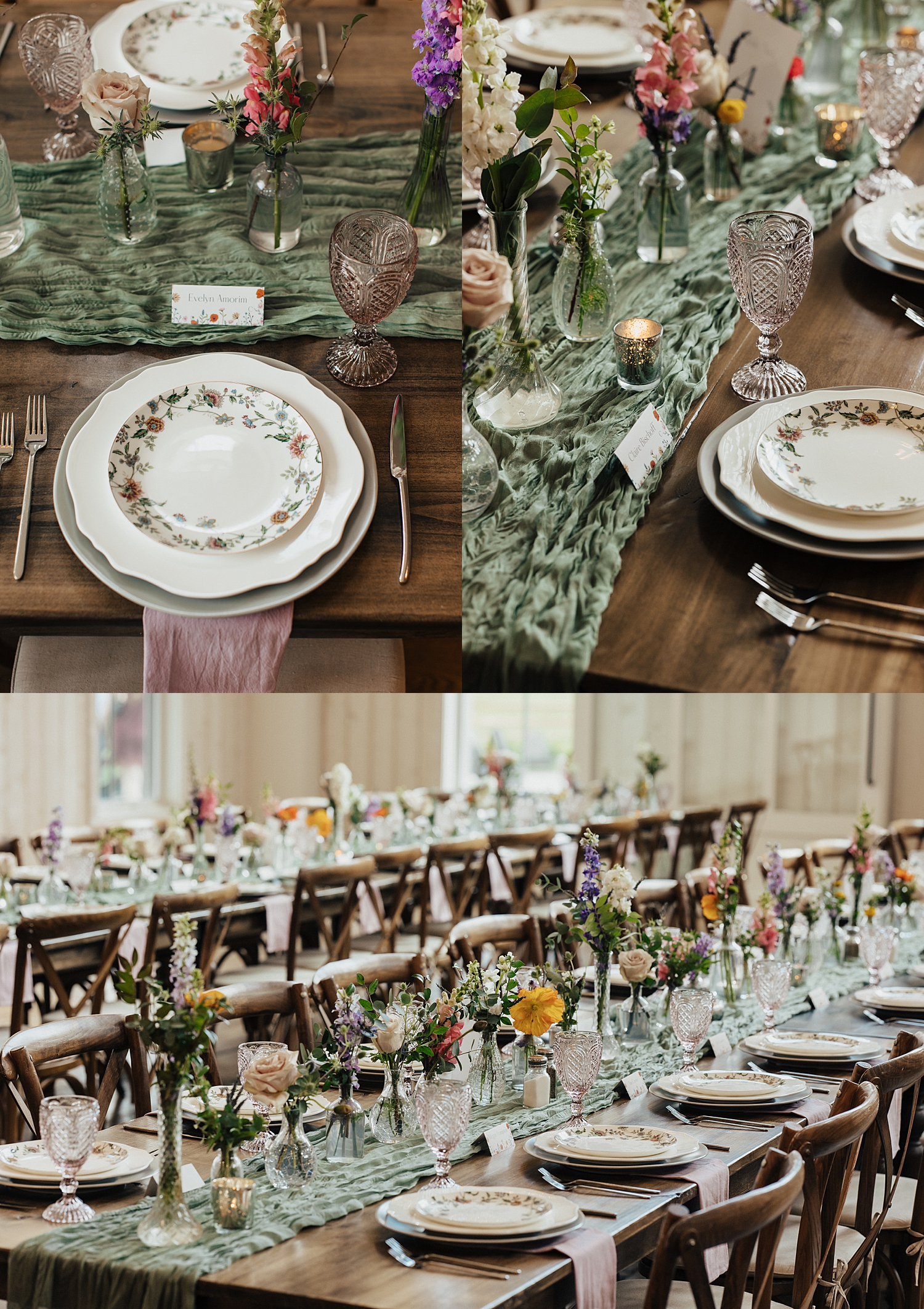 tea plates set up wih wildflowers for formal dinner by Nicole Aston photography