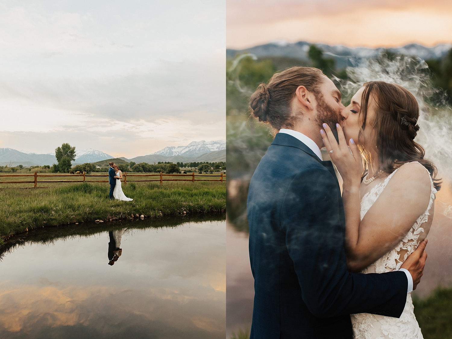 couple share a kiss in front of mountains at sunset by Nicole Aston photography