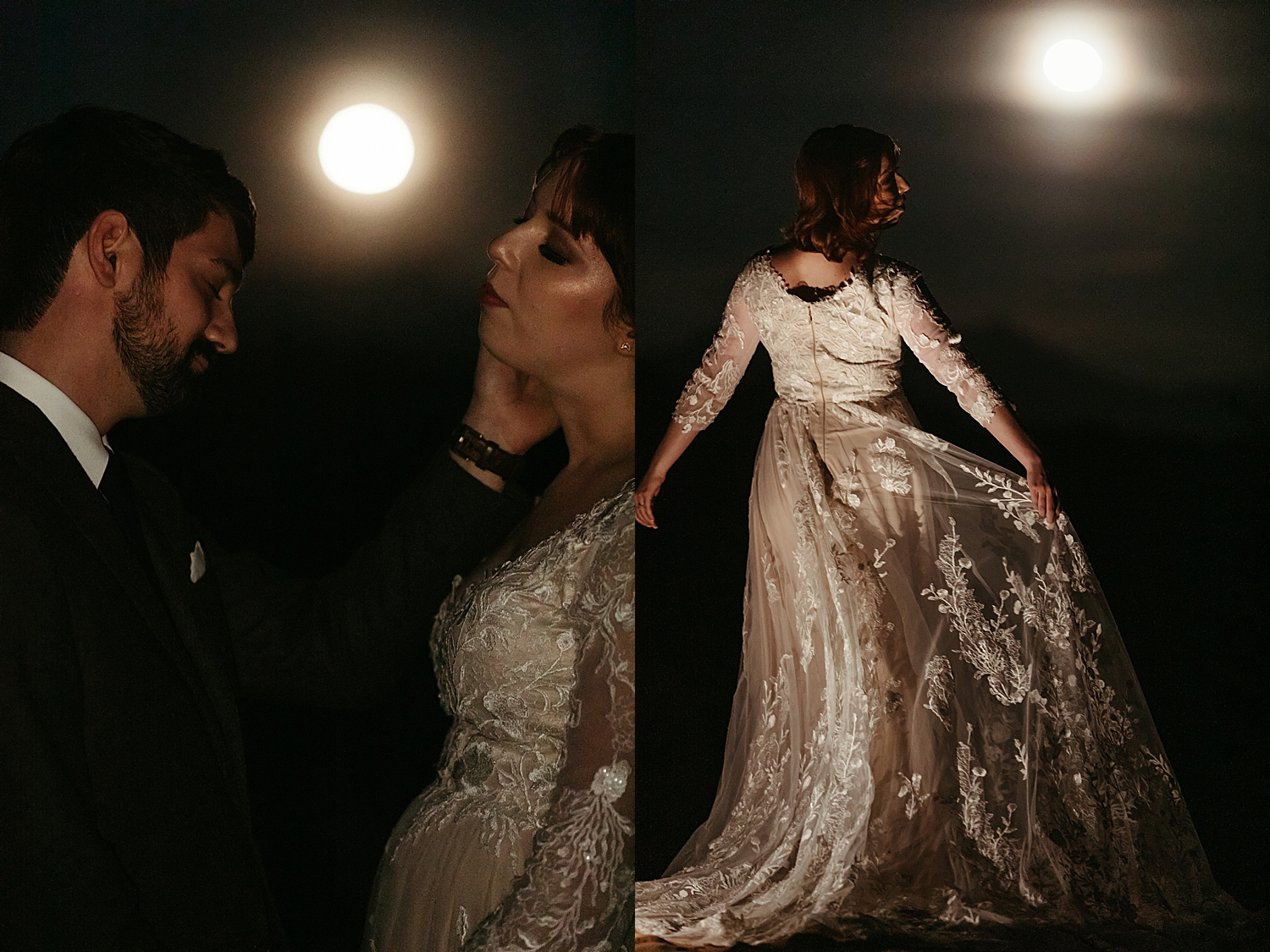 man embraces woman under moonlight by Destination wedding photographer