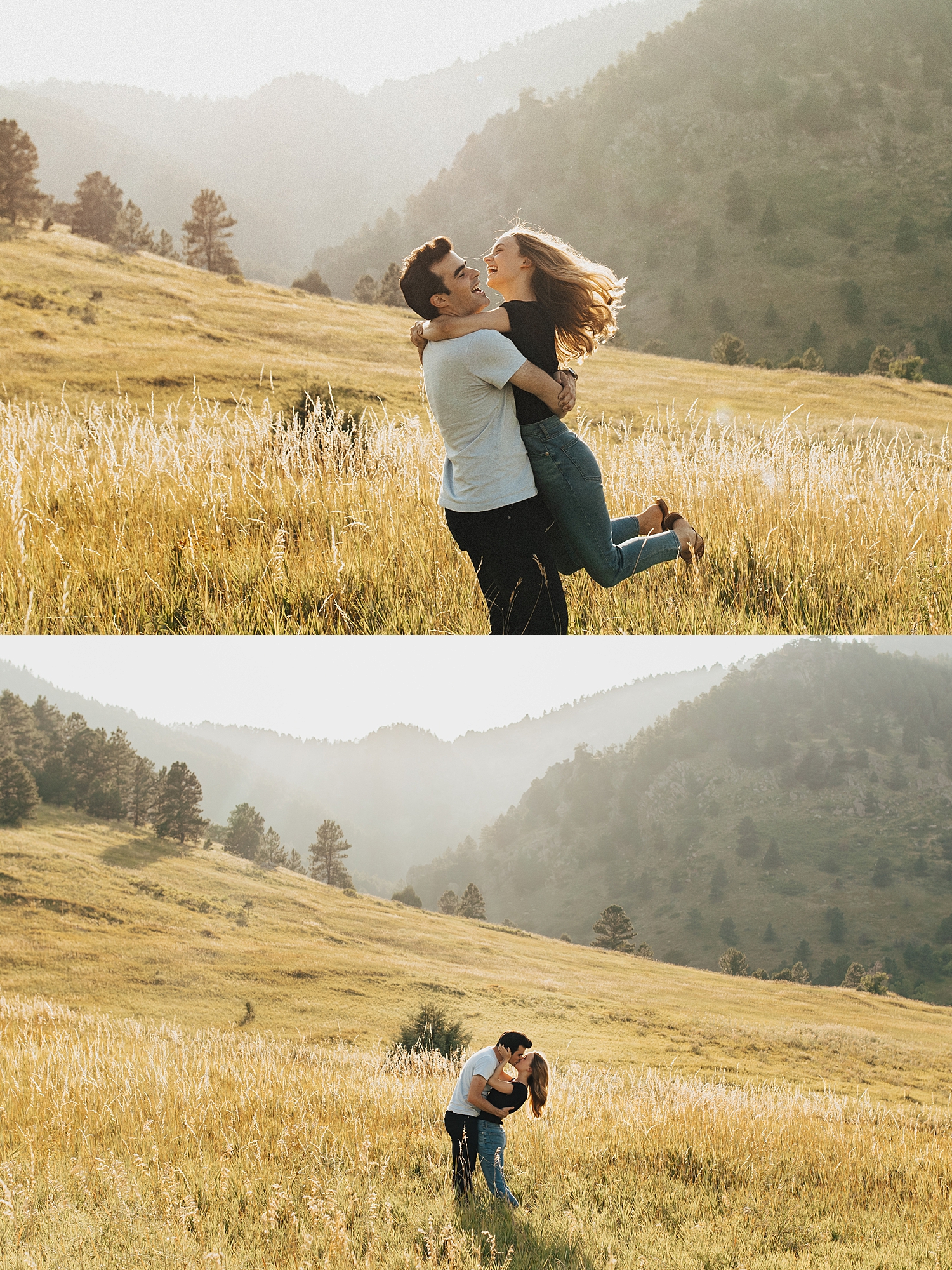 man spins his fiance around in a field at golden hour by Destination wedding photographer