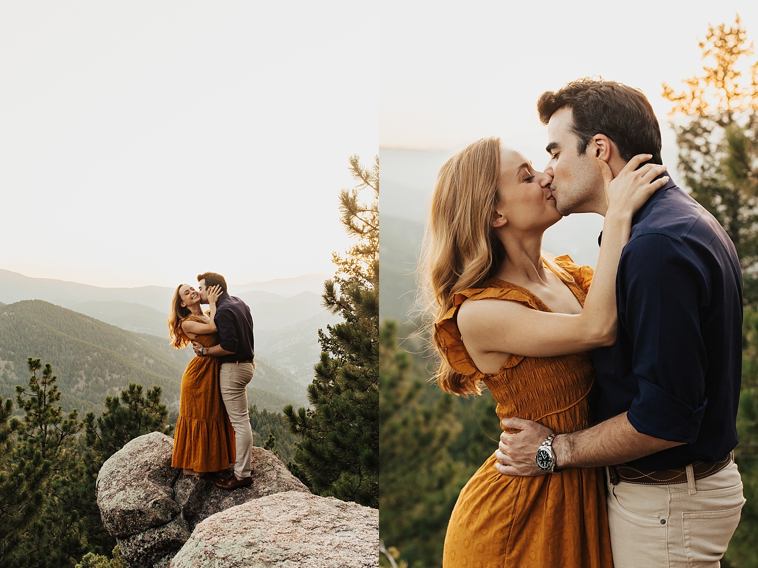 couple shares a kiss on big rock overlooking mountains by Destination wedding photographer