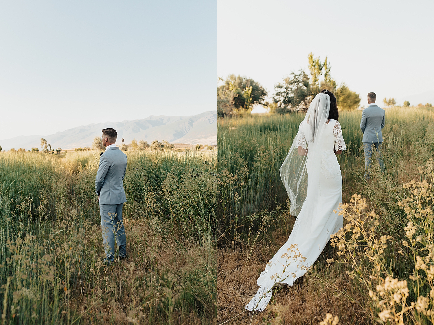 bride approaches groom in field for first look at bountiful pond