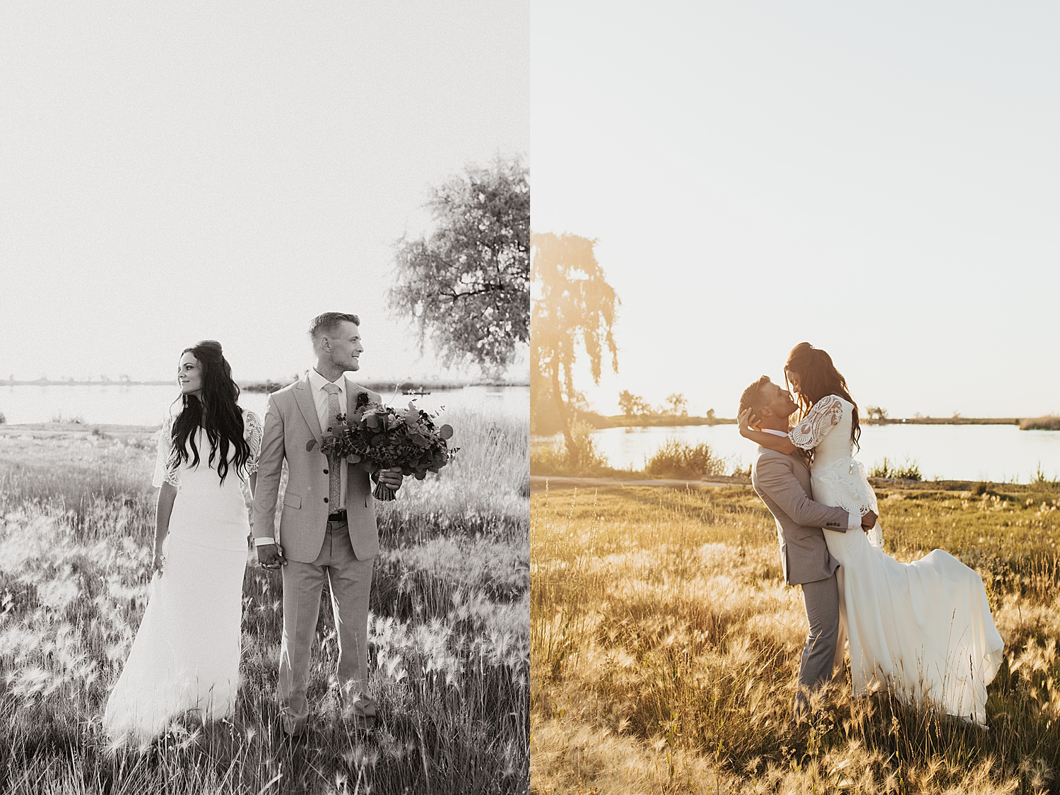 man lifts up new wife during golden hour in a field by destination wedding photographer
