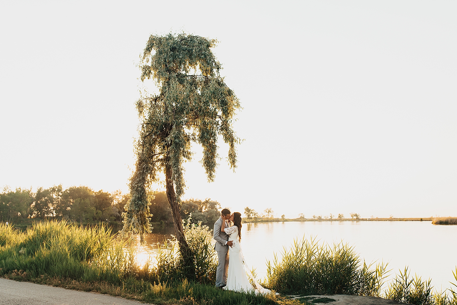 newlyweds share a kiss under tall tree next to lake by destination wedding photographer