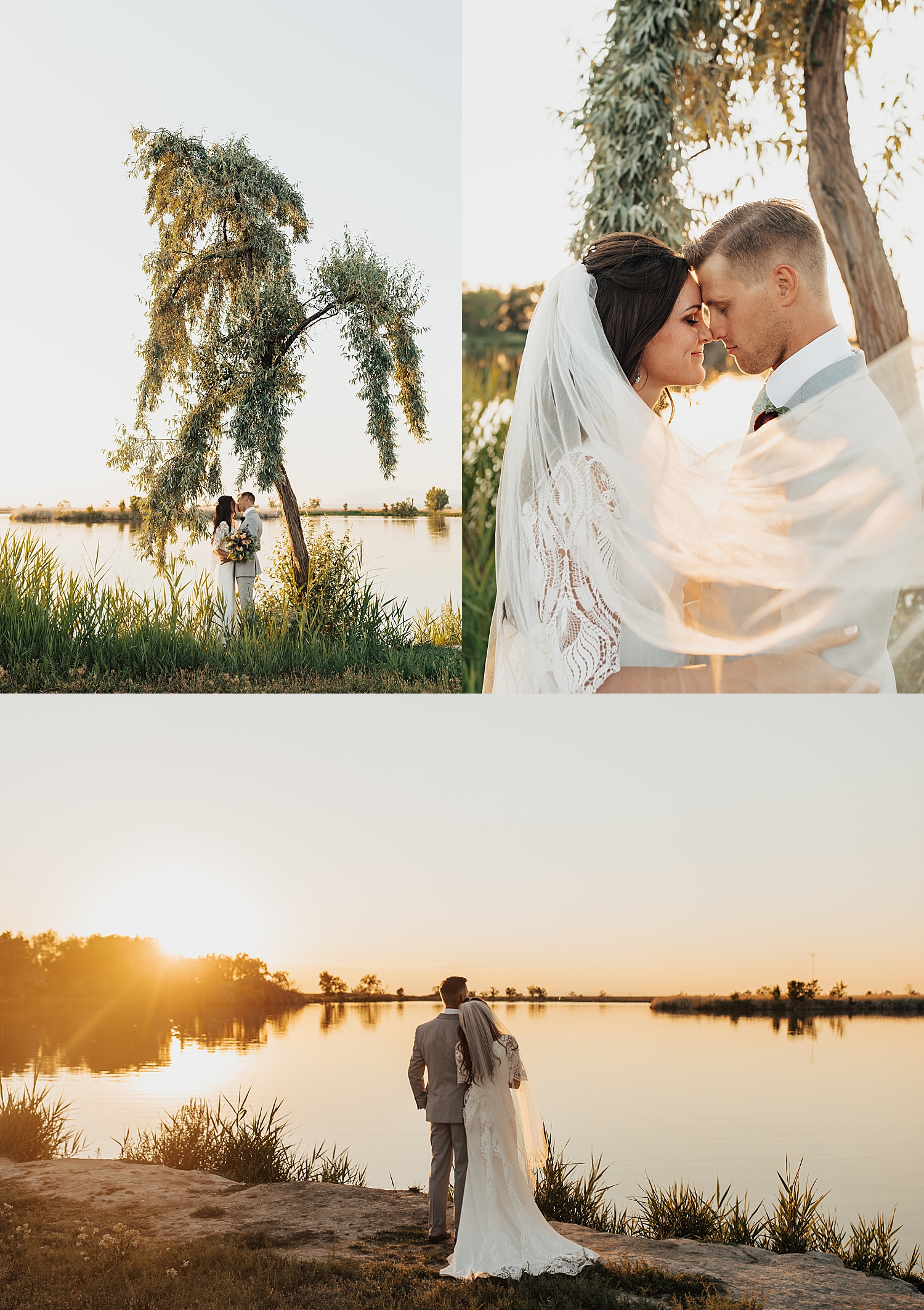 newlyweds stand next to lake as sun sets beyond them by Nicole Aston Photography