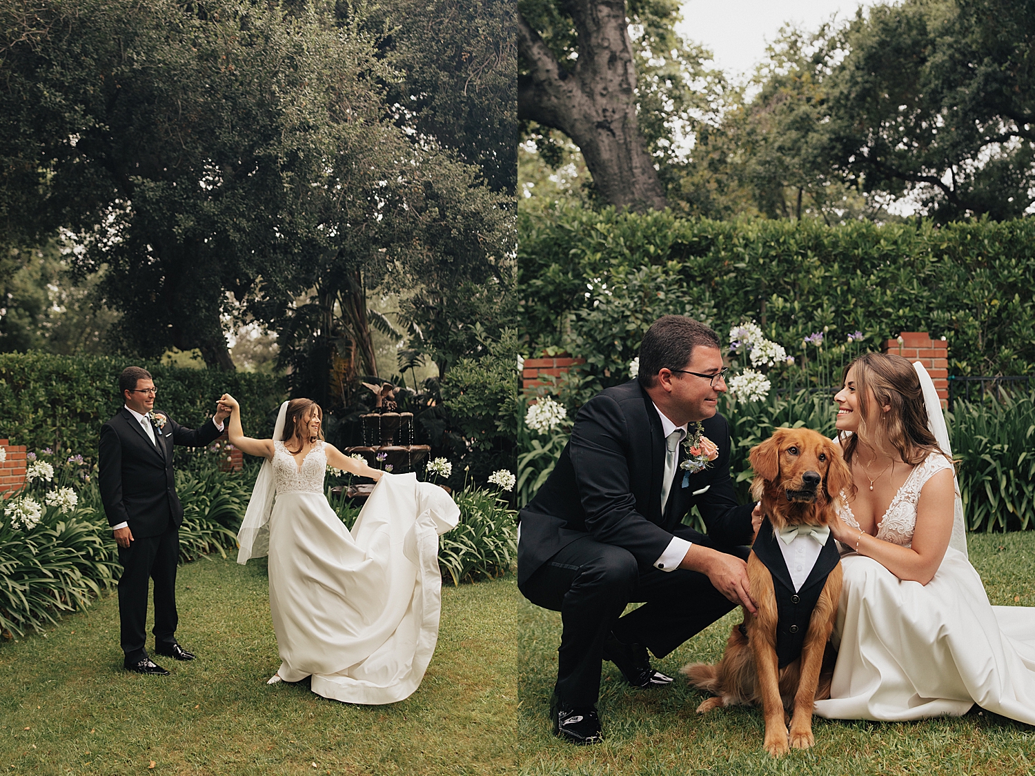 bride and groom snuggle their dog before Dodgers Baseball Game Wedding