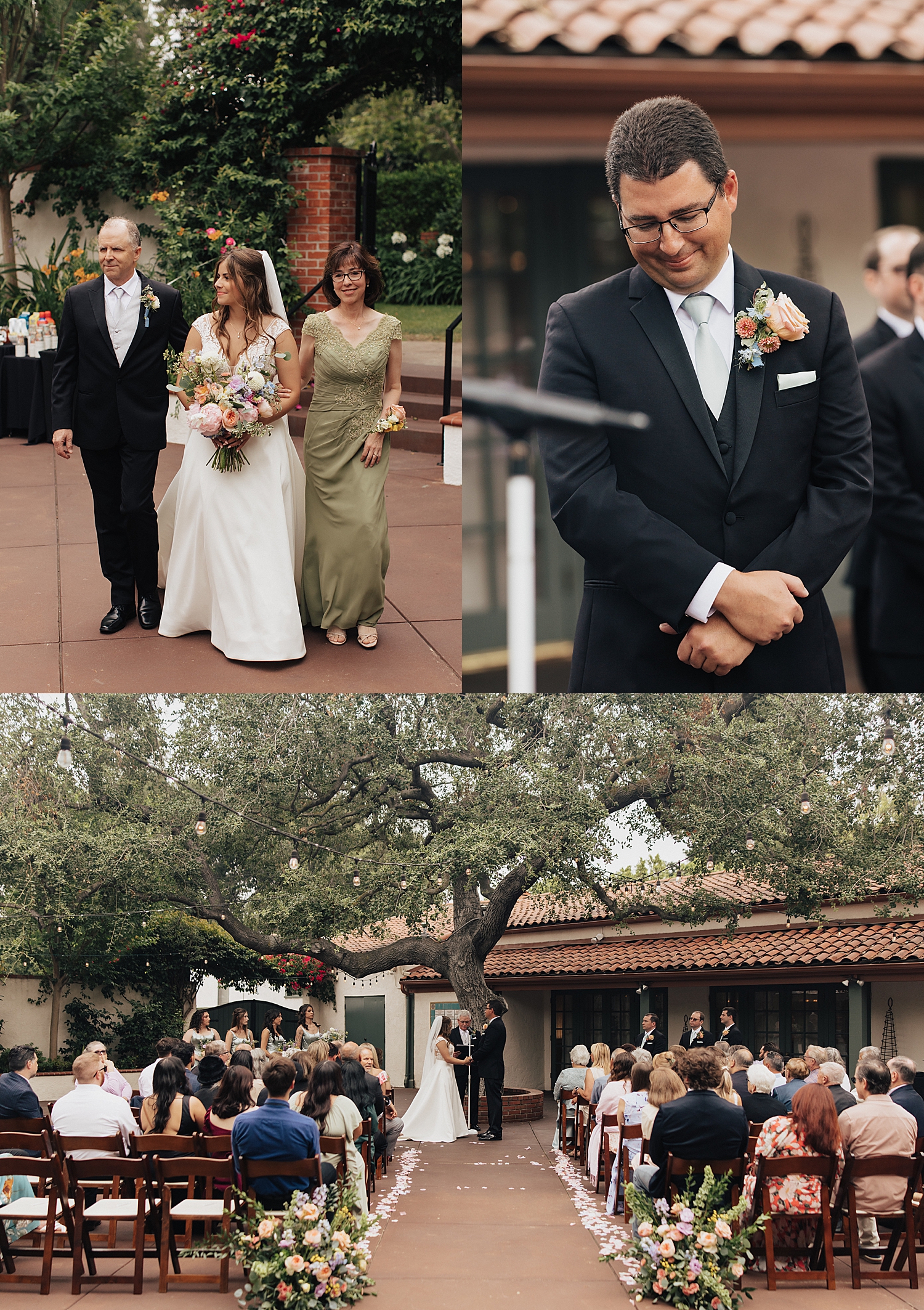 bride is walked down courtyard aisle by both parents by Nicole Aston Photography