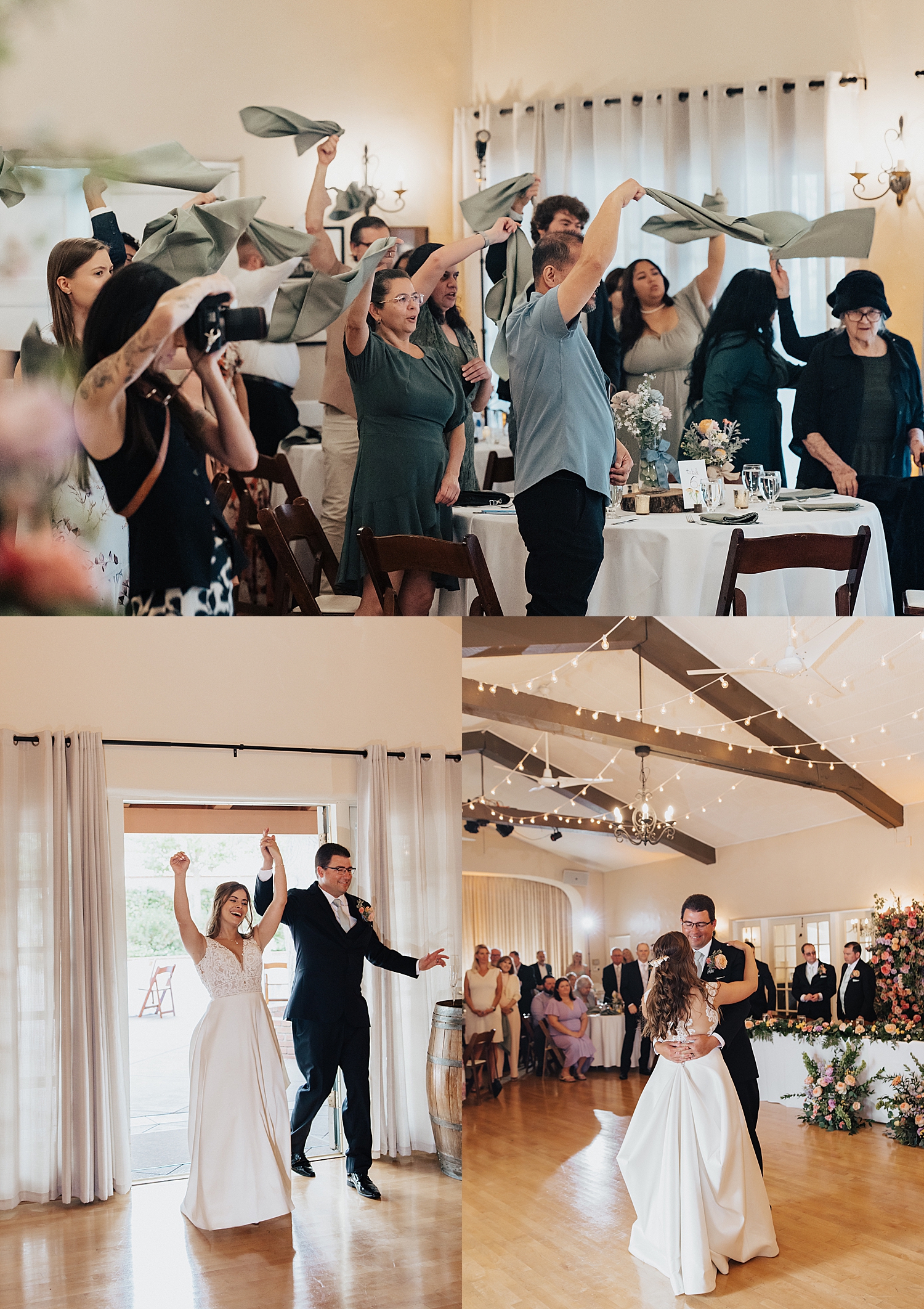 guests swing napkins in the air as bride and groom enter by Destination elopement photographer