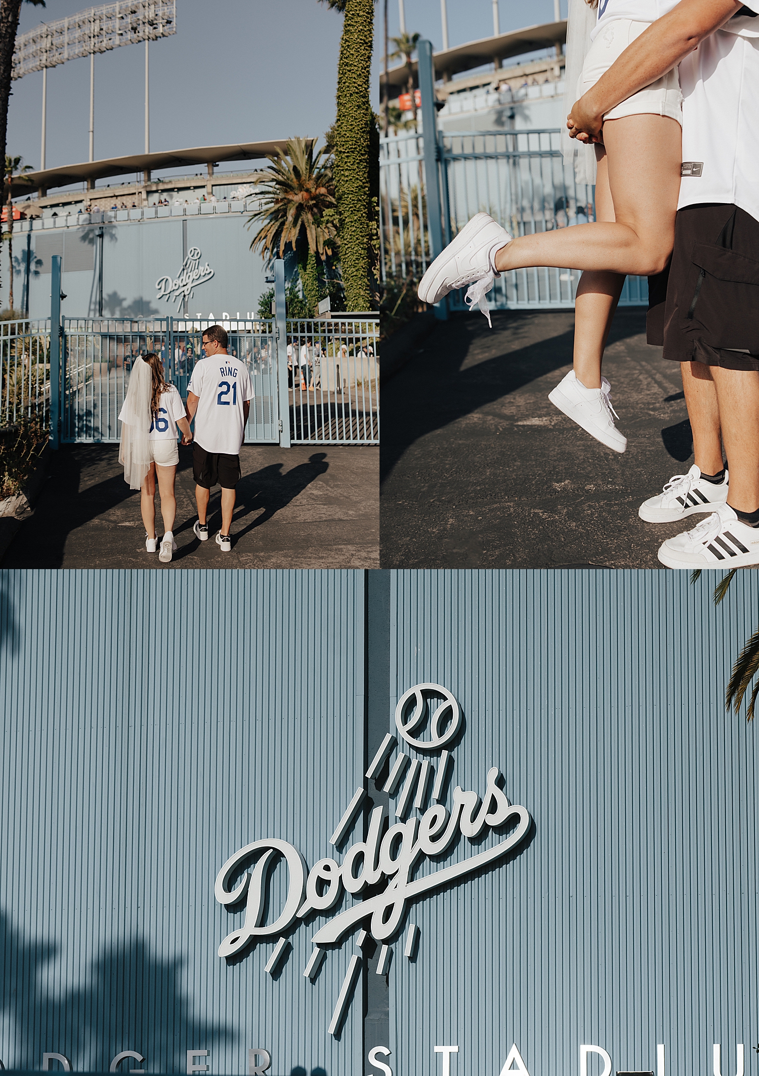 newlyweds walk into stadium together for Dodgers Baseball Game Wedding