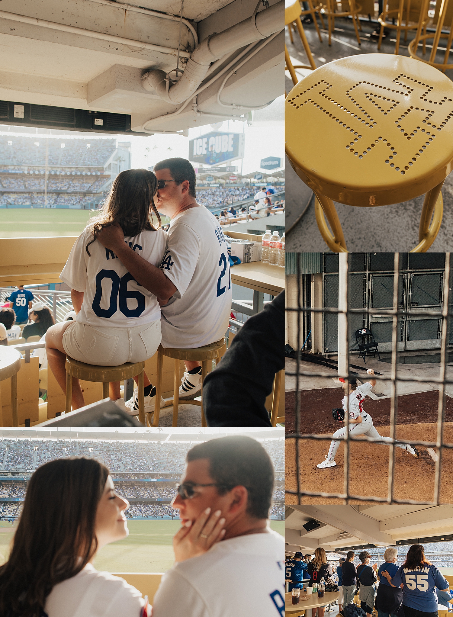 newlyweds share a kiss in private box for Dodgers Baseball Game Wedding