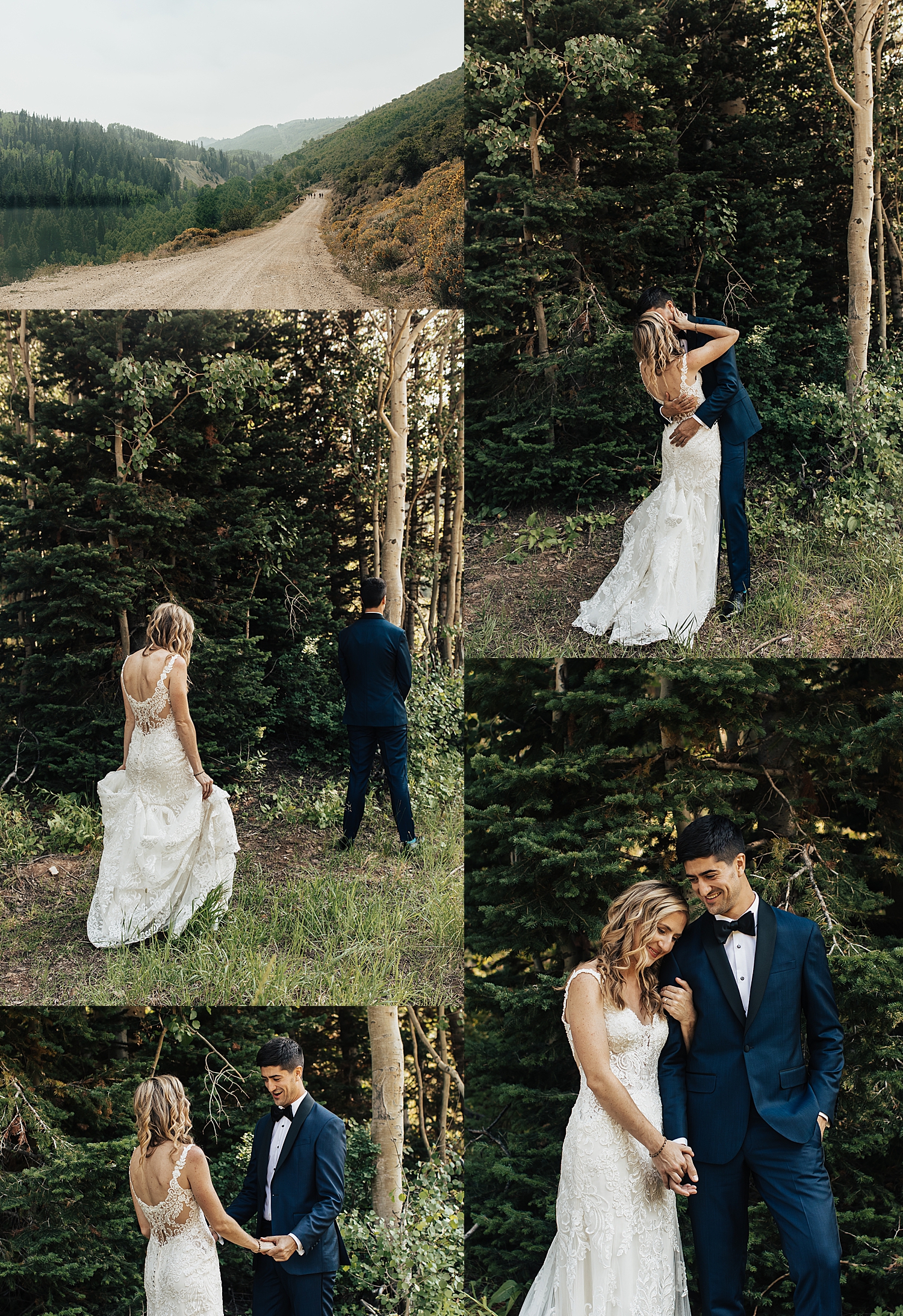 bride approaches groom for first look at Mid Mountain Lodge in Park City