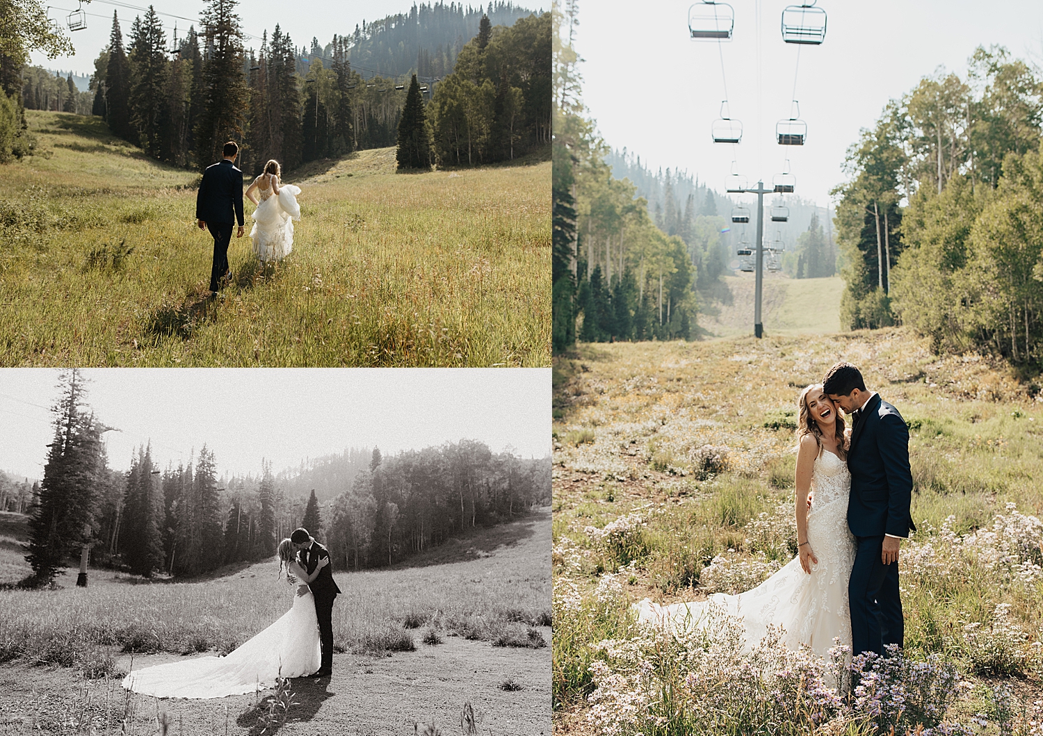 bride and groom run through summer field by Destination wedding photographer