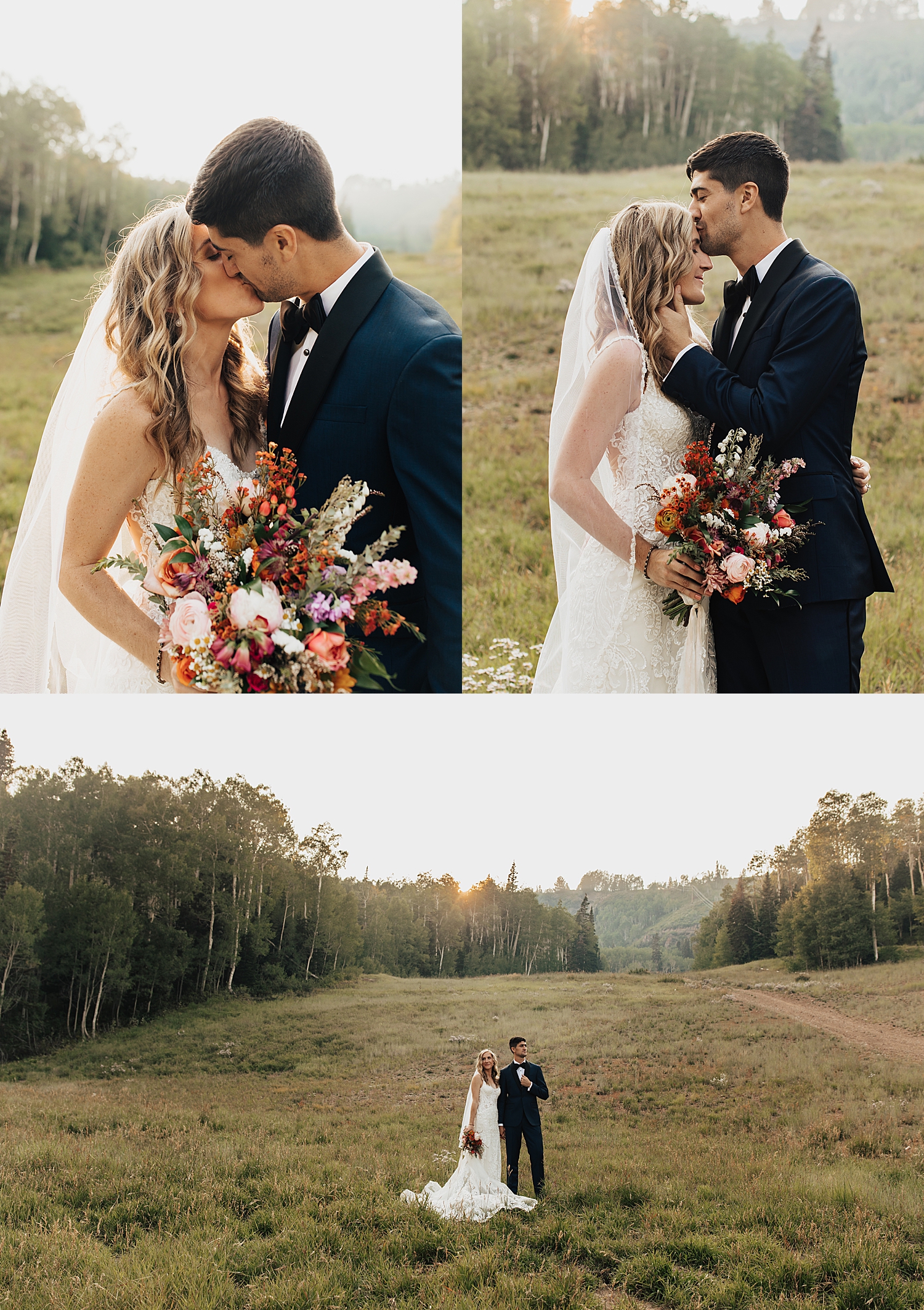 newlyweds share a kiss in field during golden hour by Destination wedding photographer