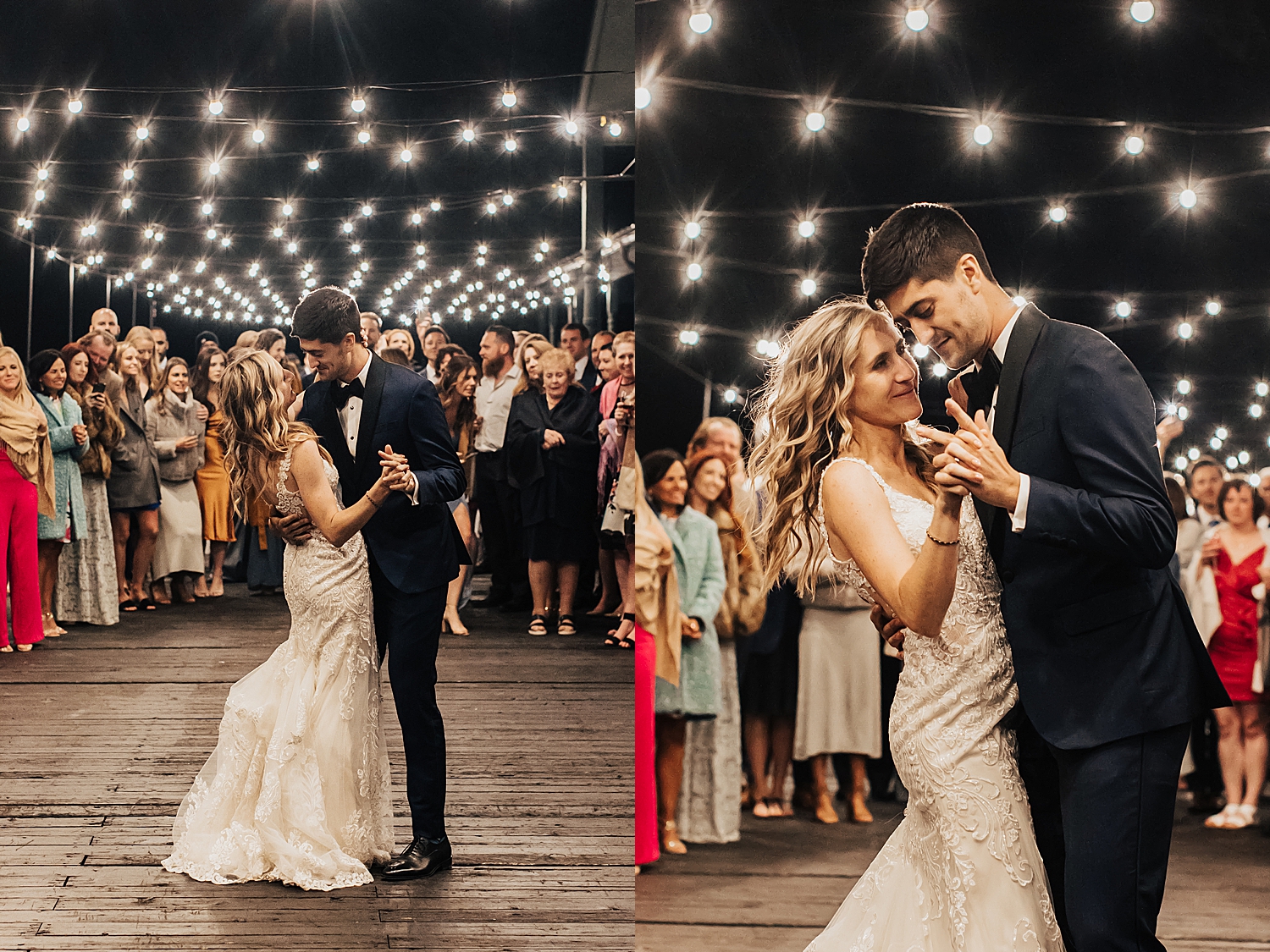couple share a dance under twinkle lights at Mid Mountain Lodge in Park City