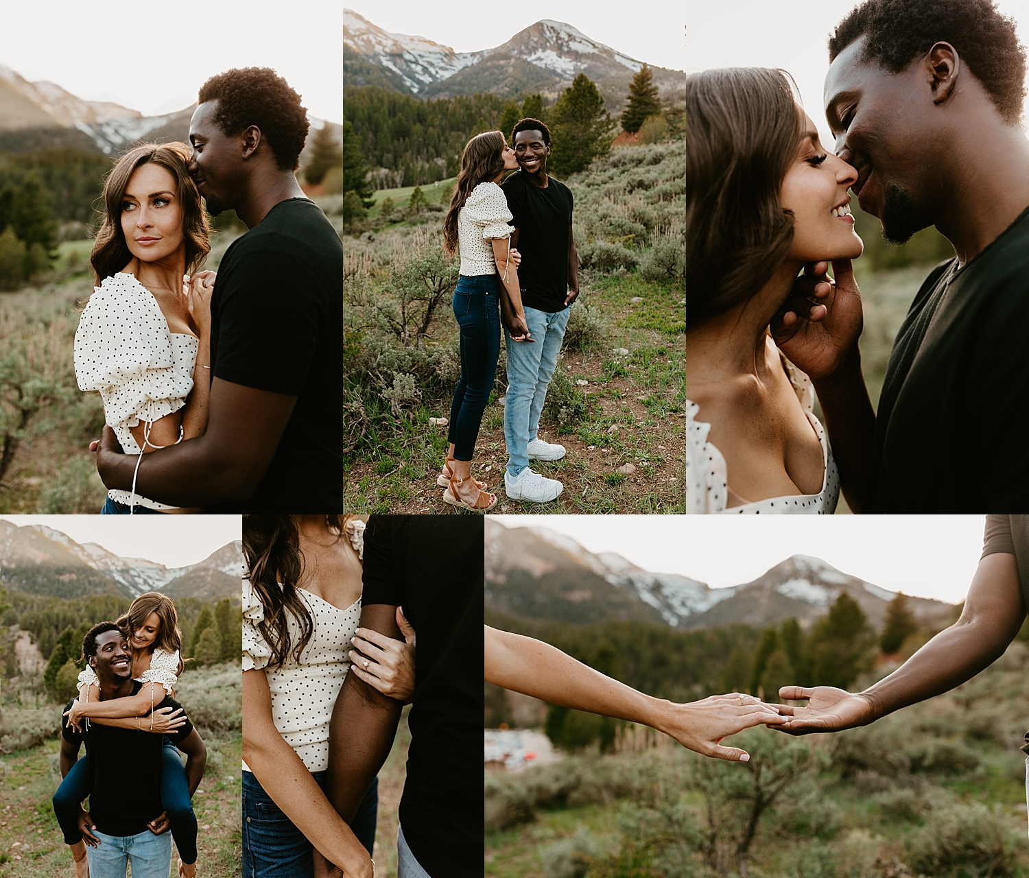 engaged couple embraces closely in mountain field by destination wedding photographer