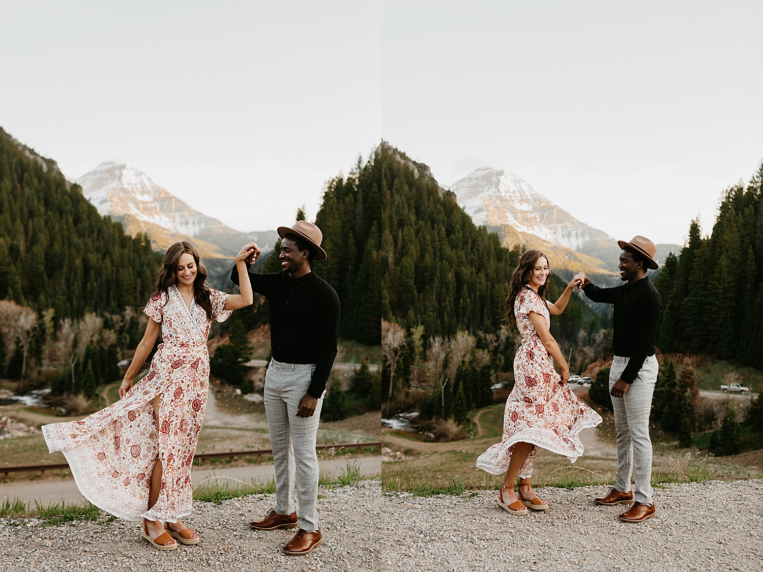 man in hat twirls his woman by the lake at Tibble Fork
