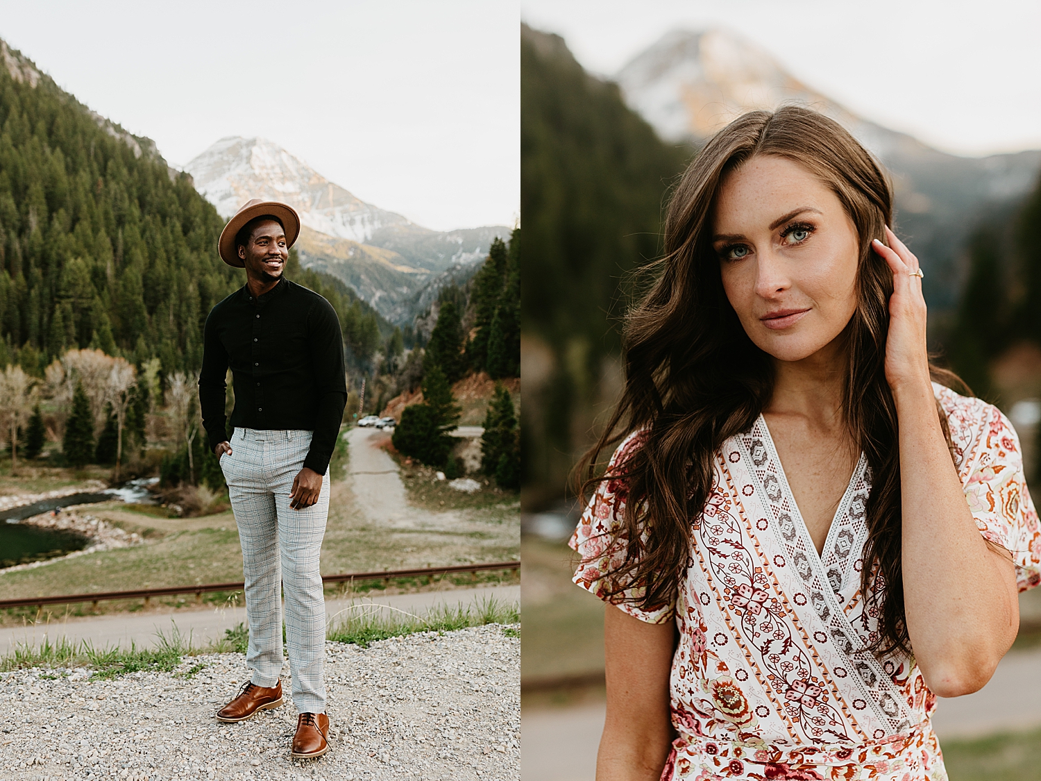 engaged couple in park with mountains in the background at Tibble Fork