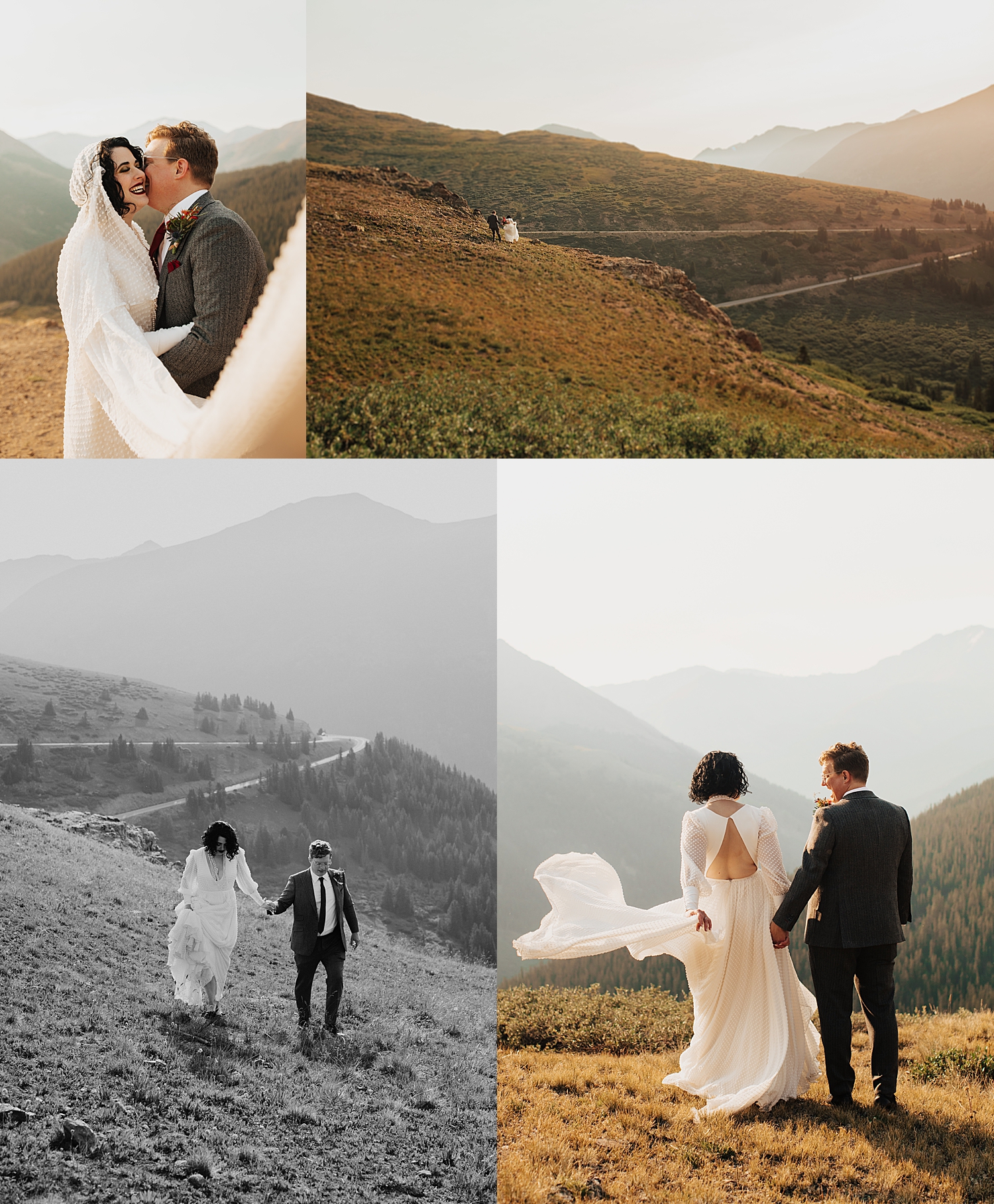 newly married couple walks across field for Rocky Mountain National Park Elopement