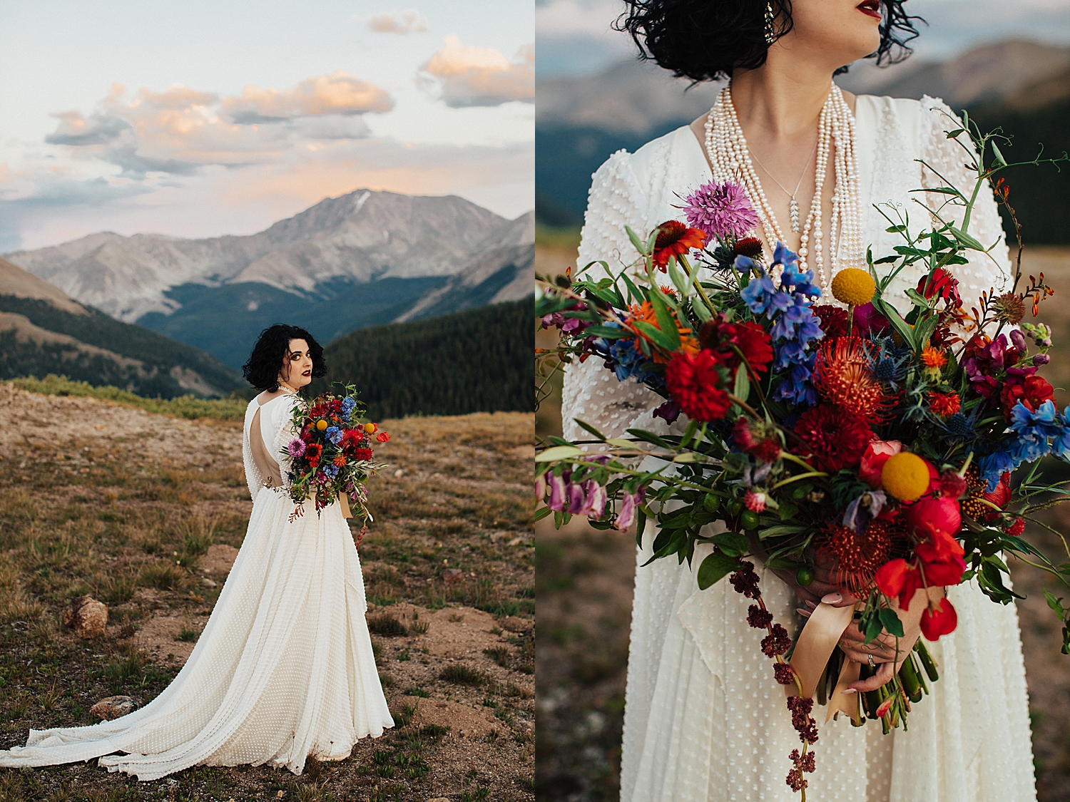 brunette bride holds big colorful bouqet for Rocky Mountain National Park Elopement