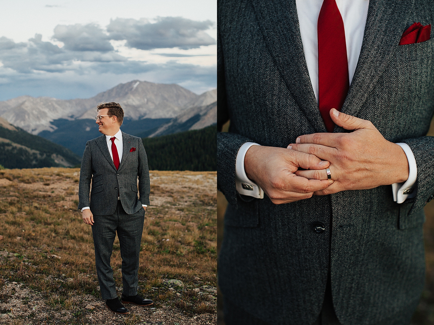 groom in gray suit and red tie by Nicole Aston Photography