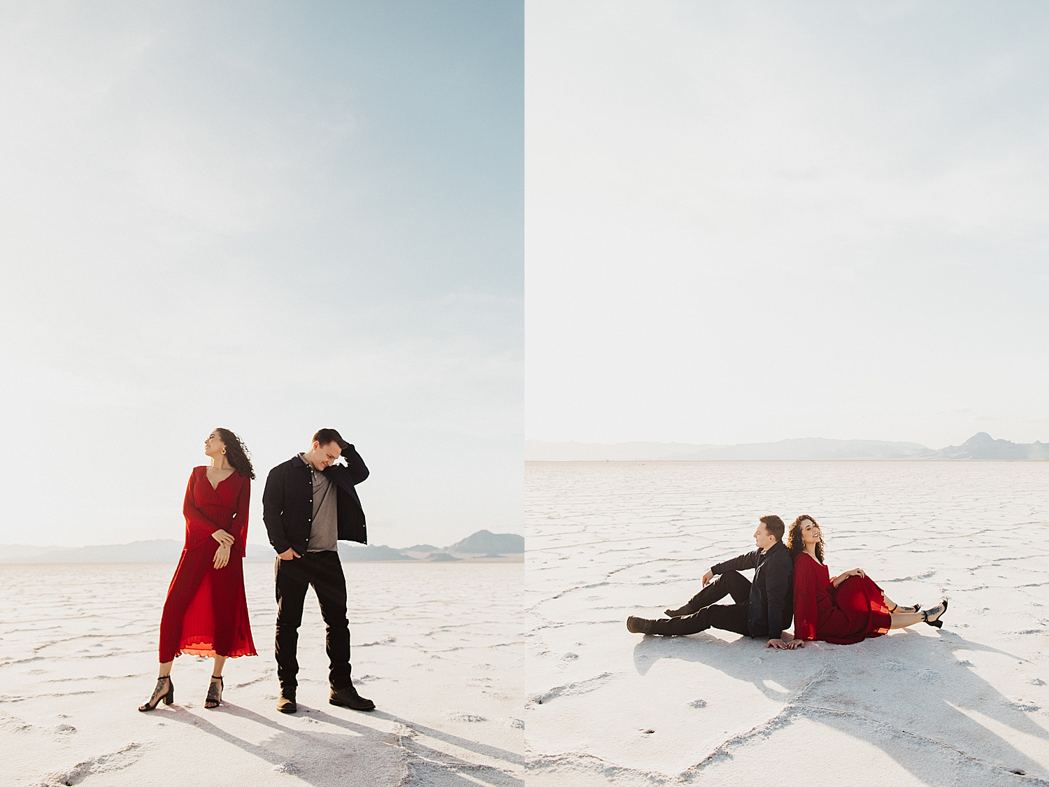 man and woman sit back to back on ground in setting sunlight by Destination wedding photographer