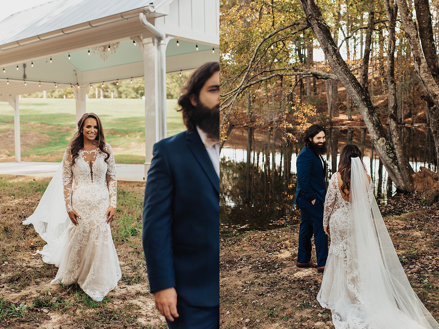 woman approaches her groom for first look at Southern Backyard Wedding