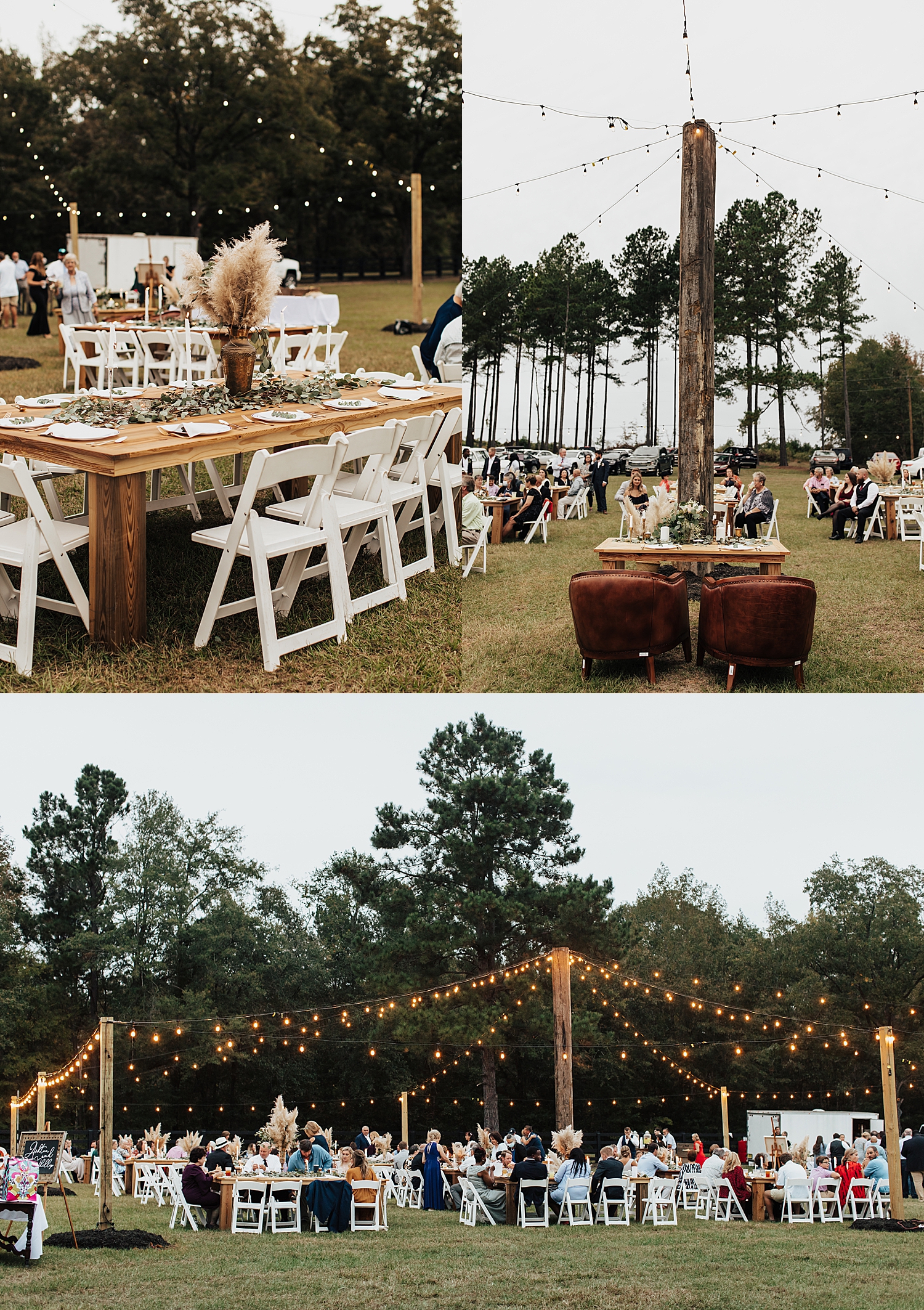 large reception space set up on lawn under twinkle lights by Nicole Aston Photography