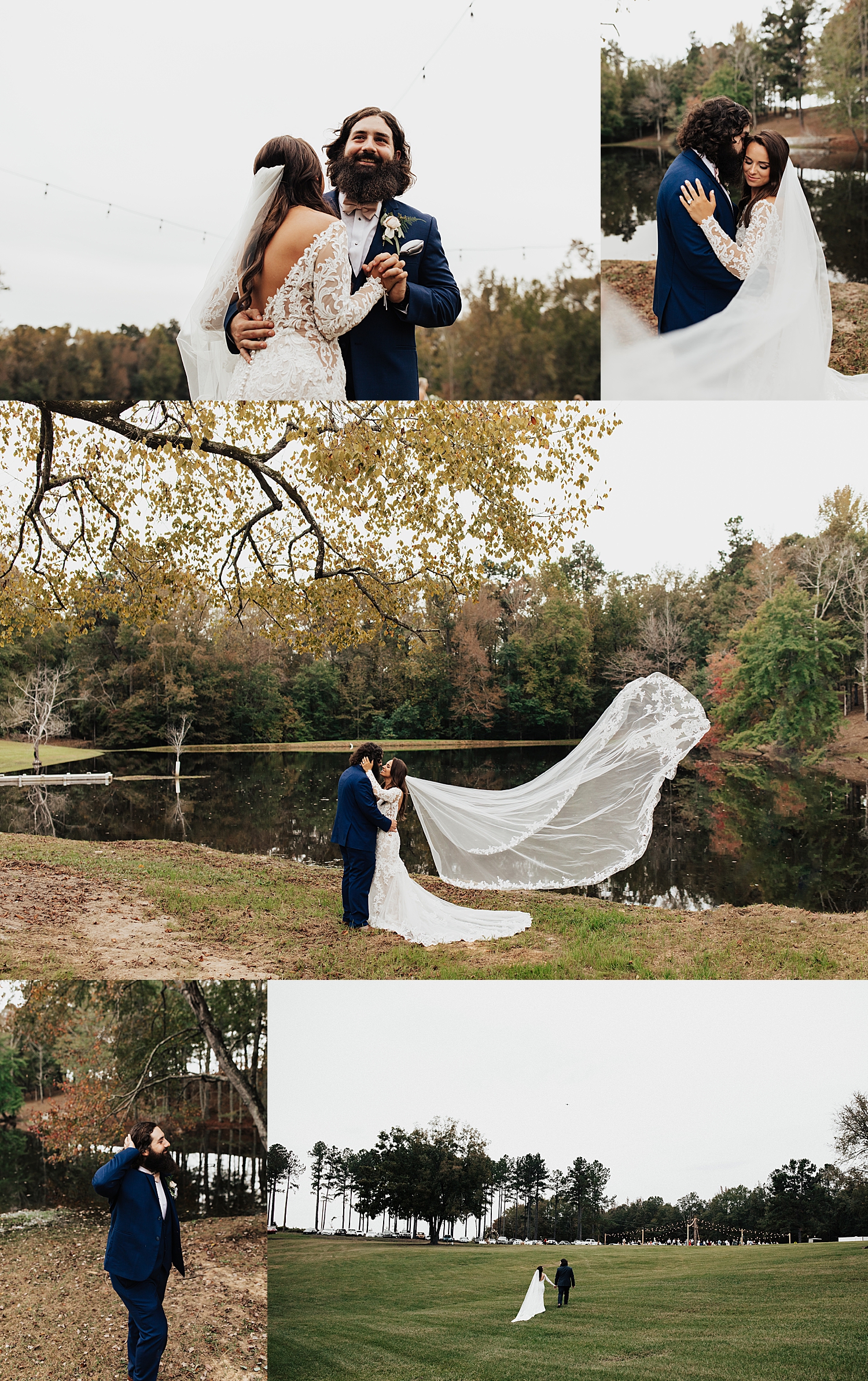 newlyweds walk across large field in Fall foliage by destination elopement photographer