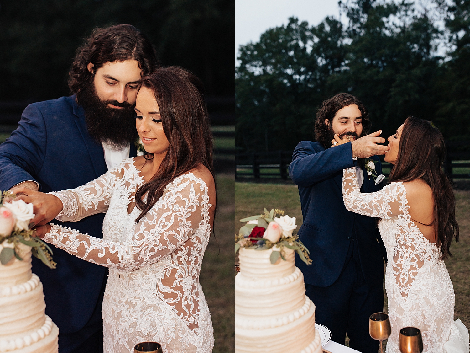 bride and groom cut cake at reception by destination elopement photographer
