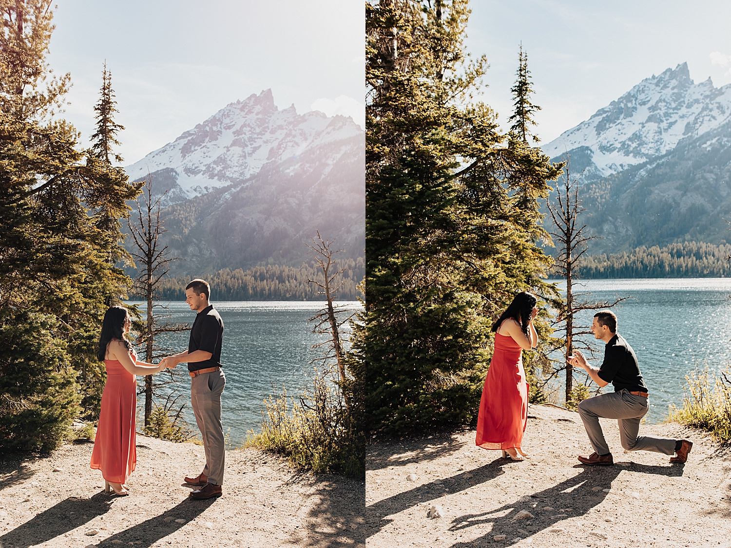 man gets down on one knee next to water and mountain by Destination Wedding Photographer