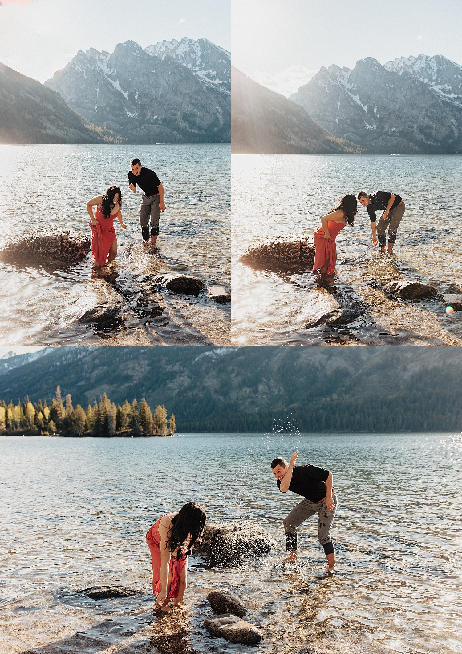 couple splash water at each other by Destination Wedding Photographer