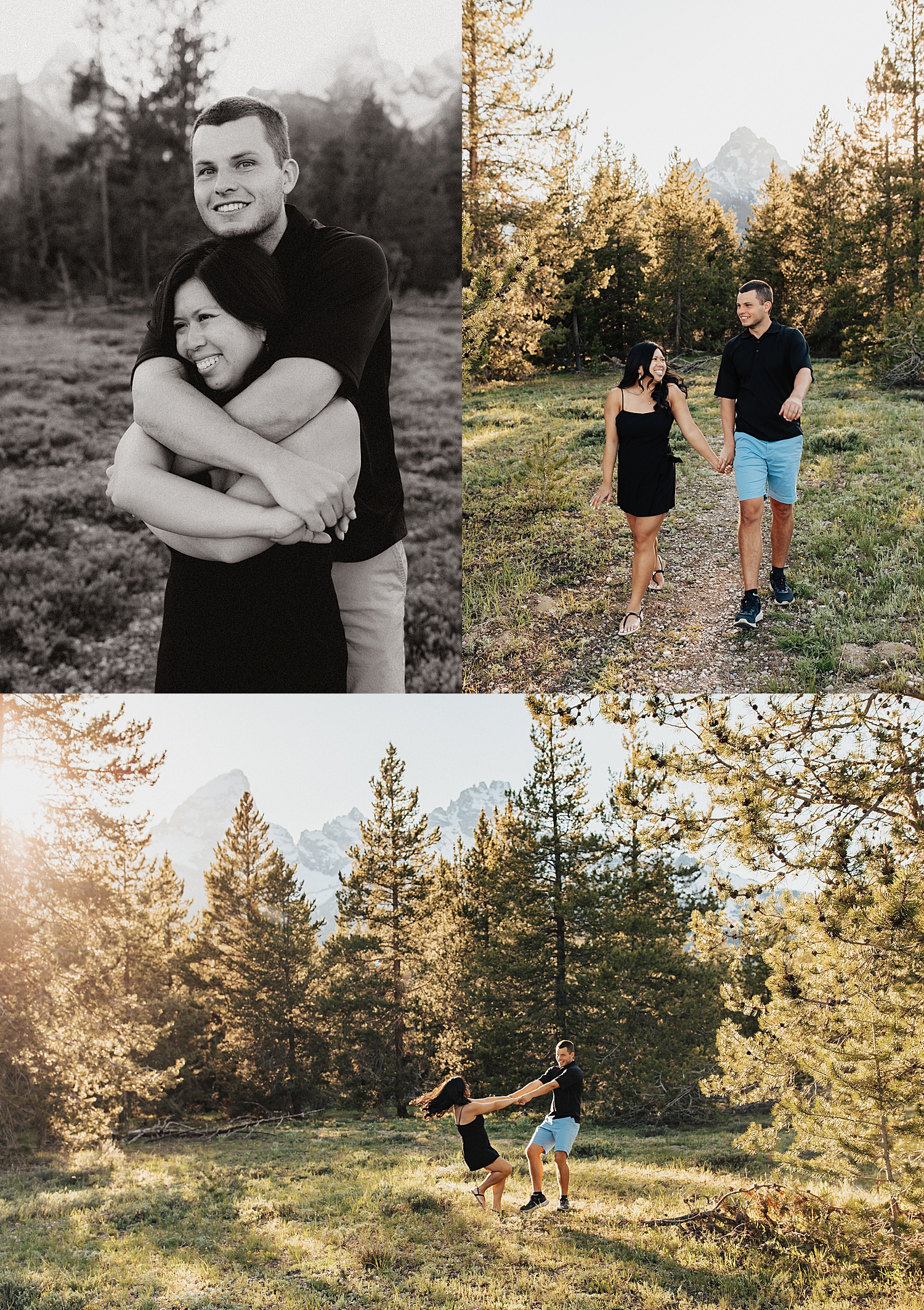 man and woman hug and dance in field at Grand Tetons National Park