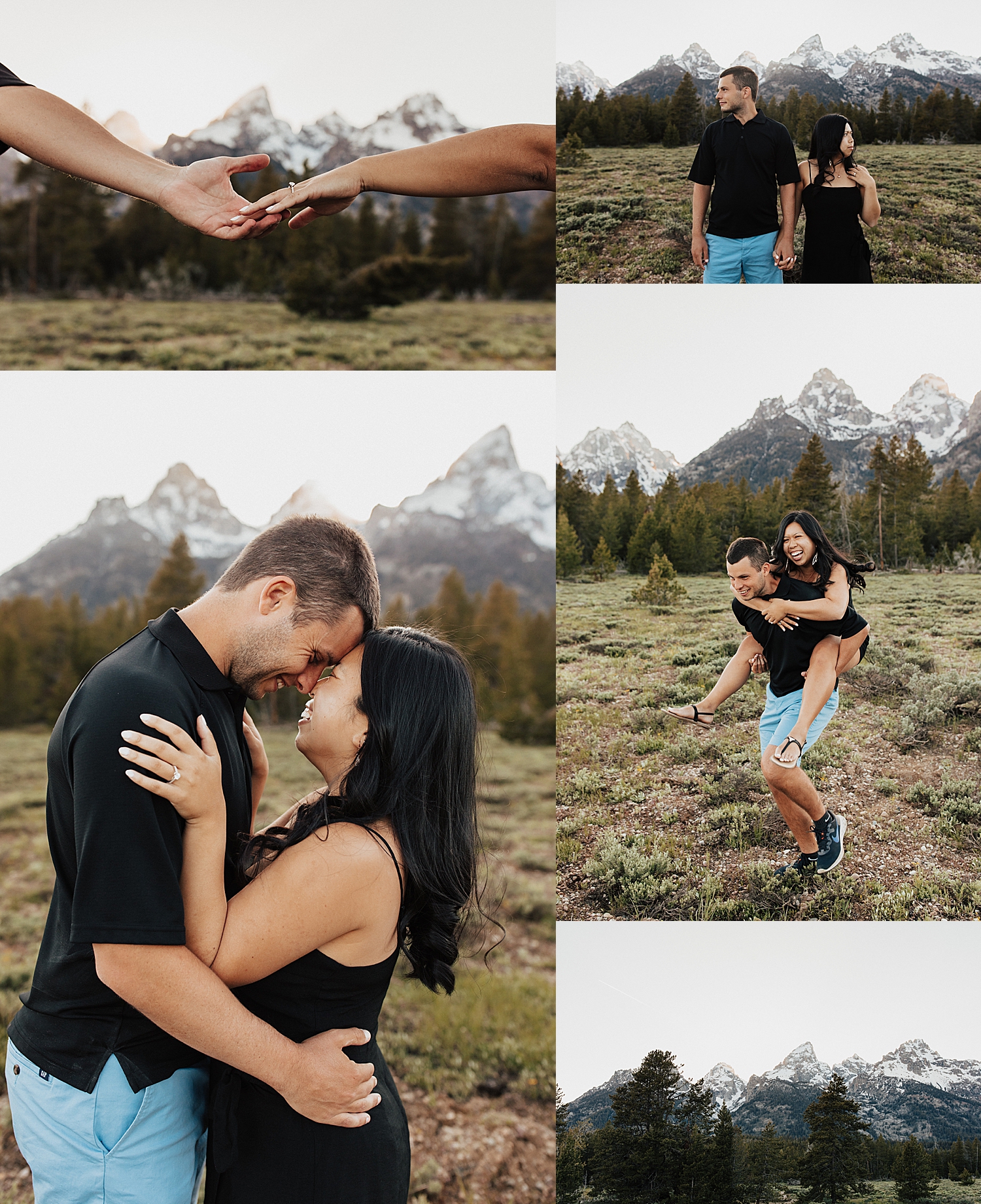 man and woman play together in big field in front of mountains by Destination Wedding Photographer