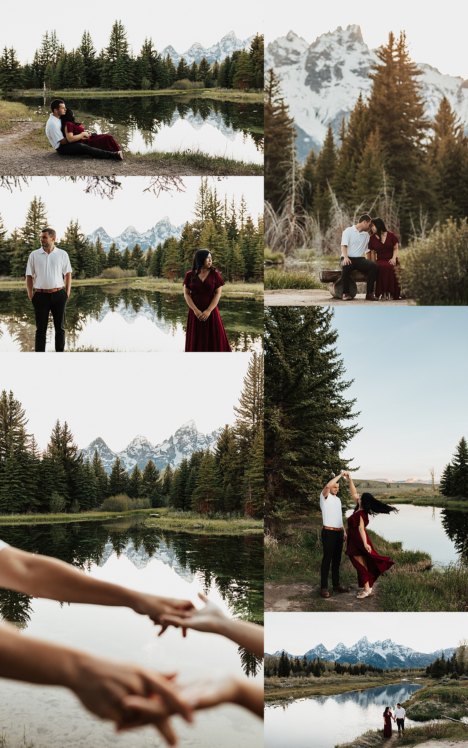 bride and groom to be hold hands next to pond at Grand Tetons National Park