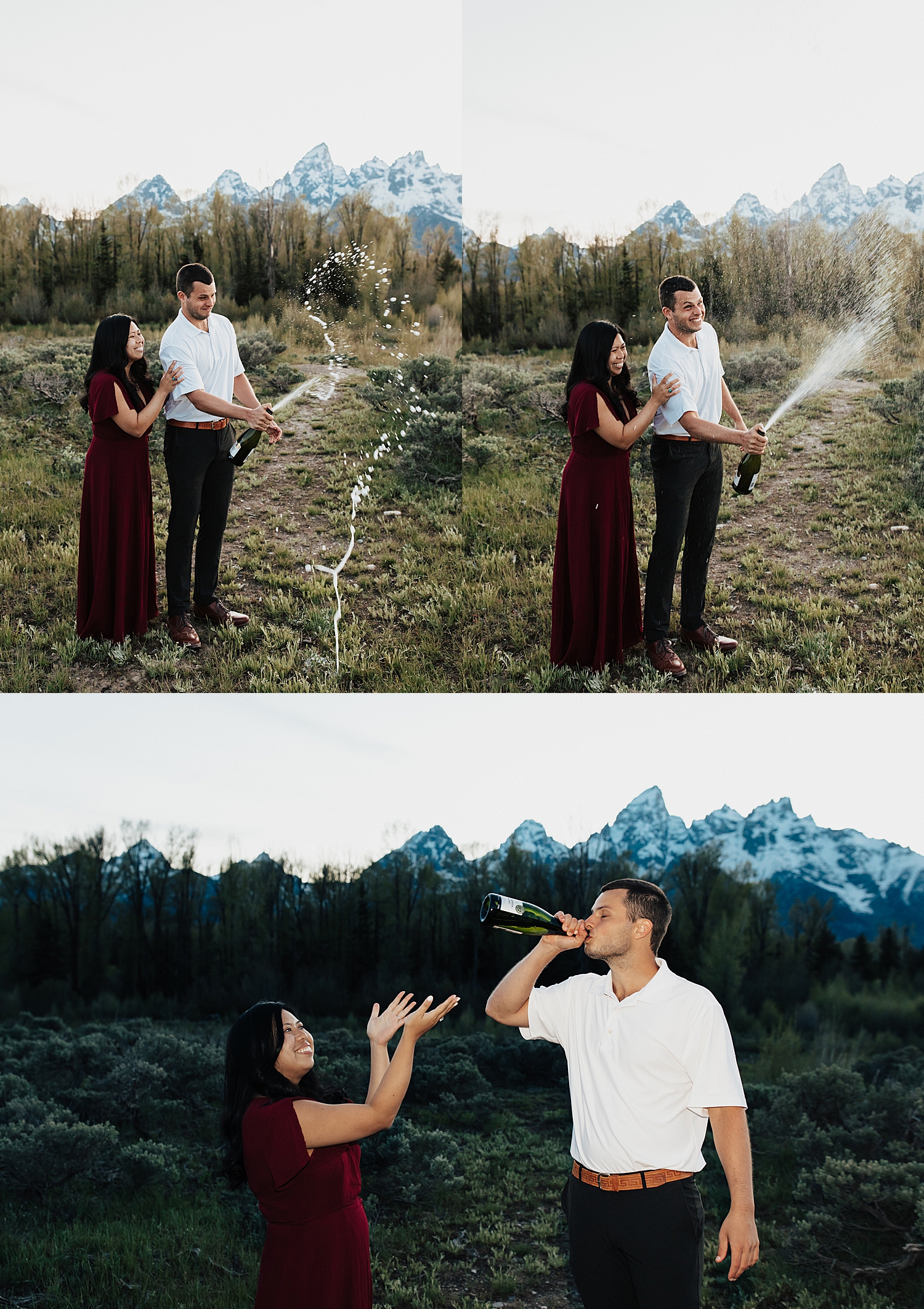 couple pop a bottle of champagne to celebrate engagement by Nicole Aston Photography