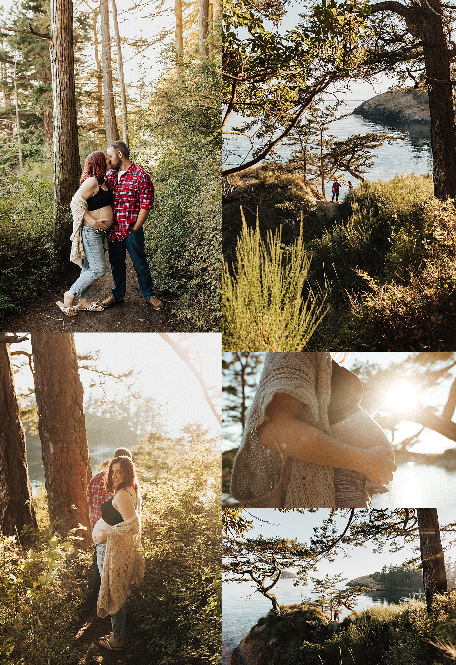 couple snuggle together in the woods for maternity session at Rosario Beach