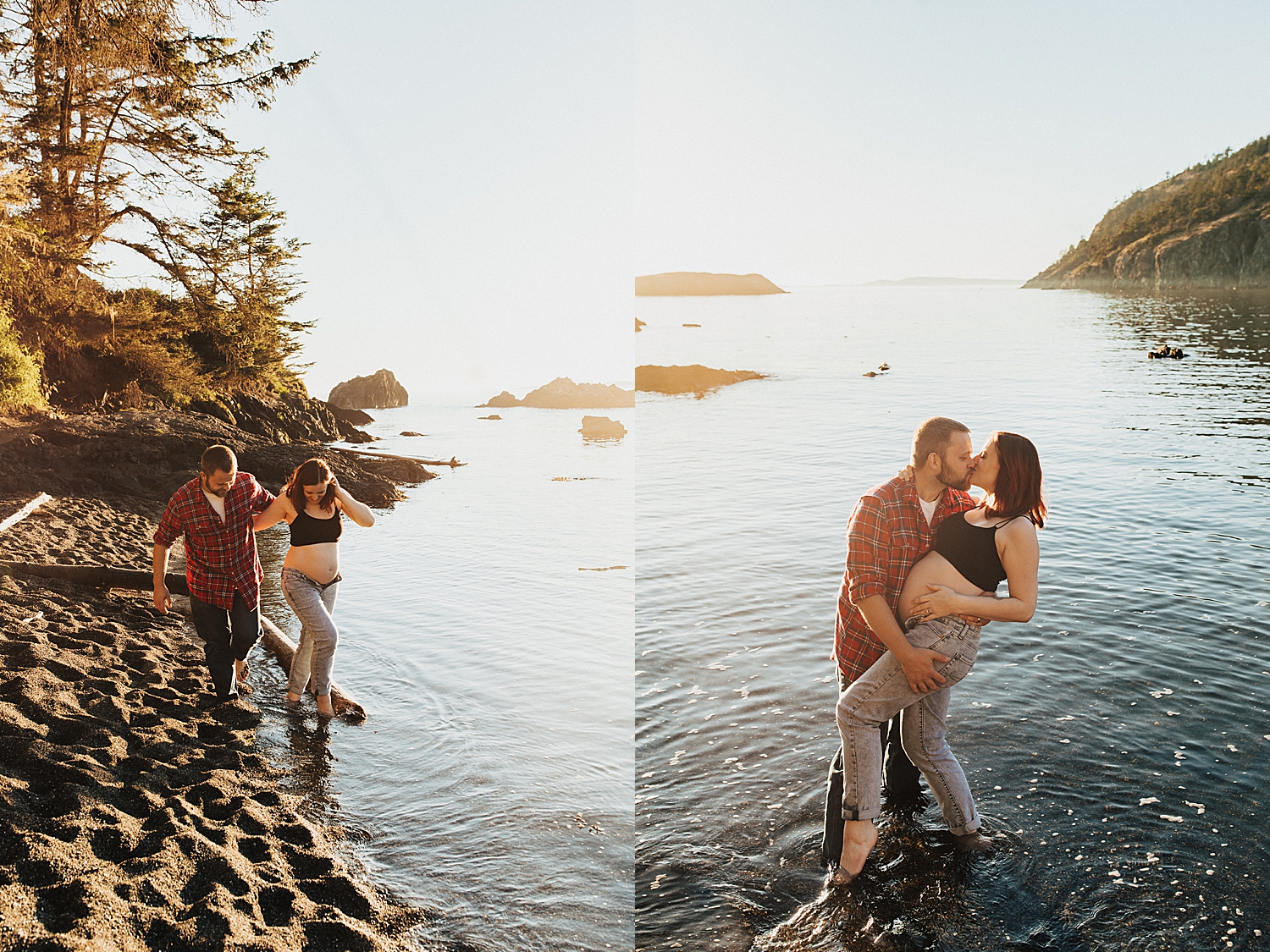 couple share a kiss and dip in the ocean at sunset by destination photographer at Rosario Beach