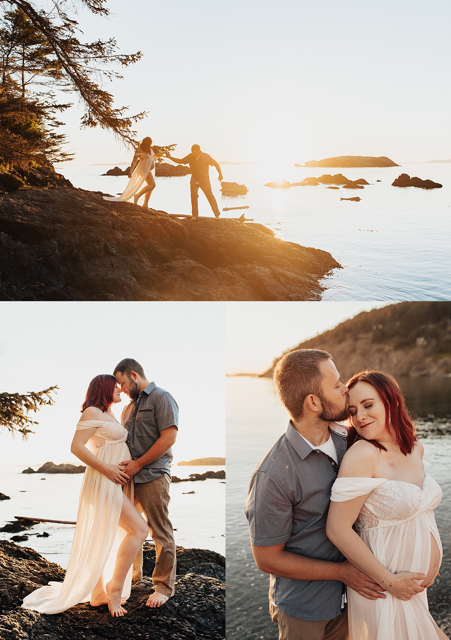 man hugs his pregnant wife during golden hour at ocean by Nicole Aston Photography