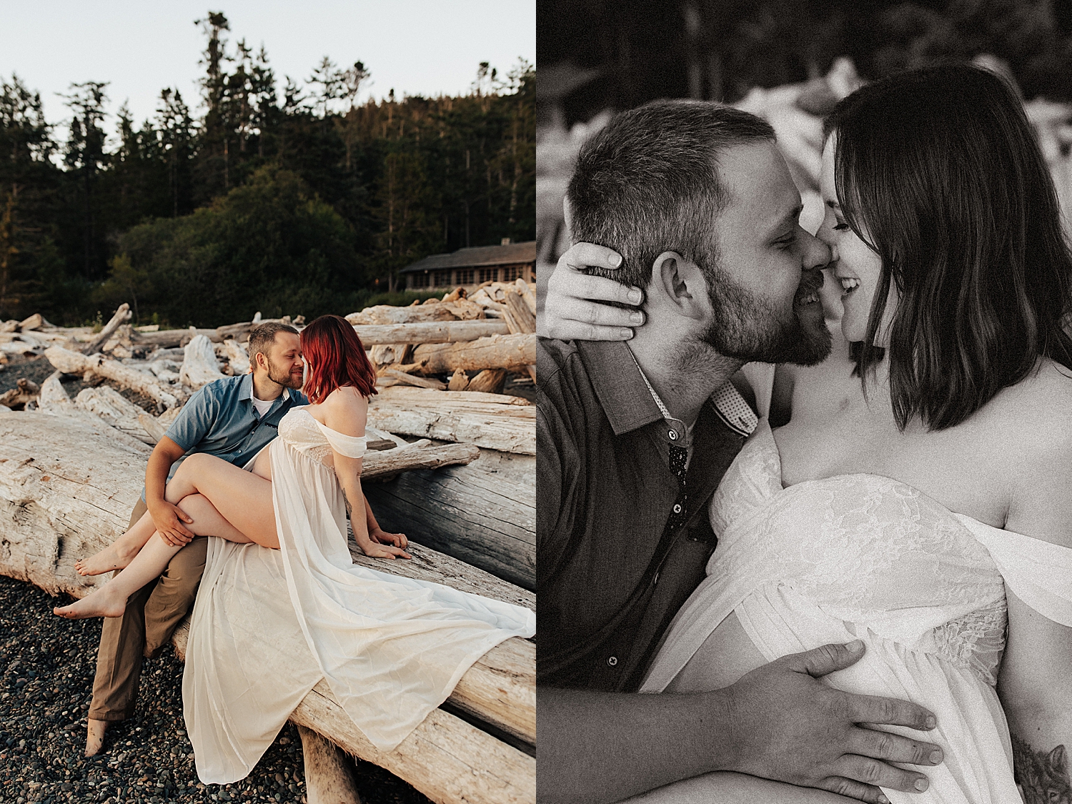 woman in white dress sits on log while man leans in to kiss her by Nicole Aston Photography