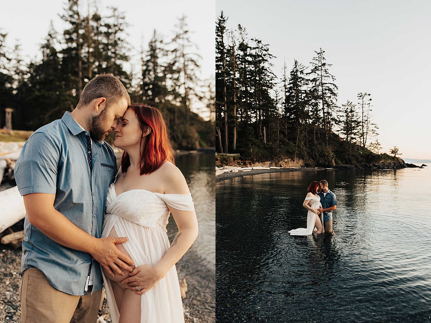 man embracing his wife's pregnant belly in water by destination photographer