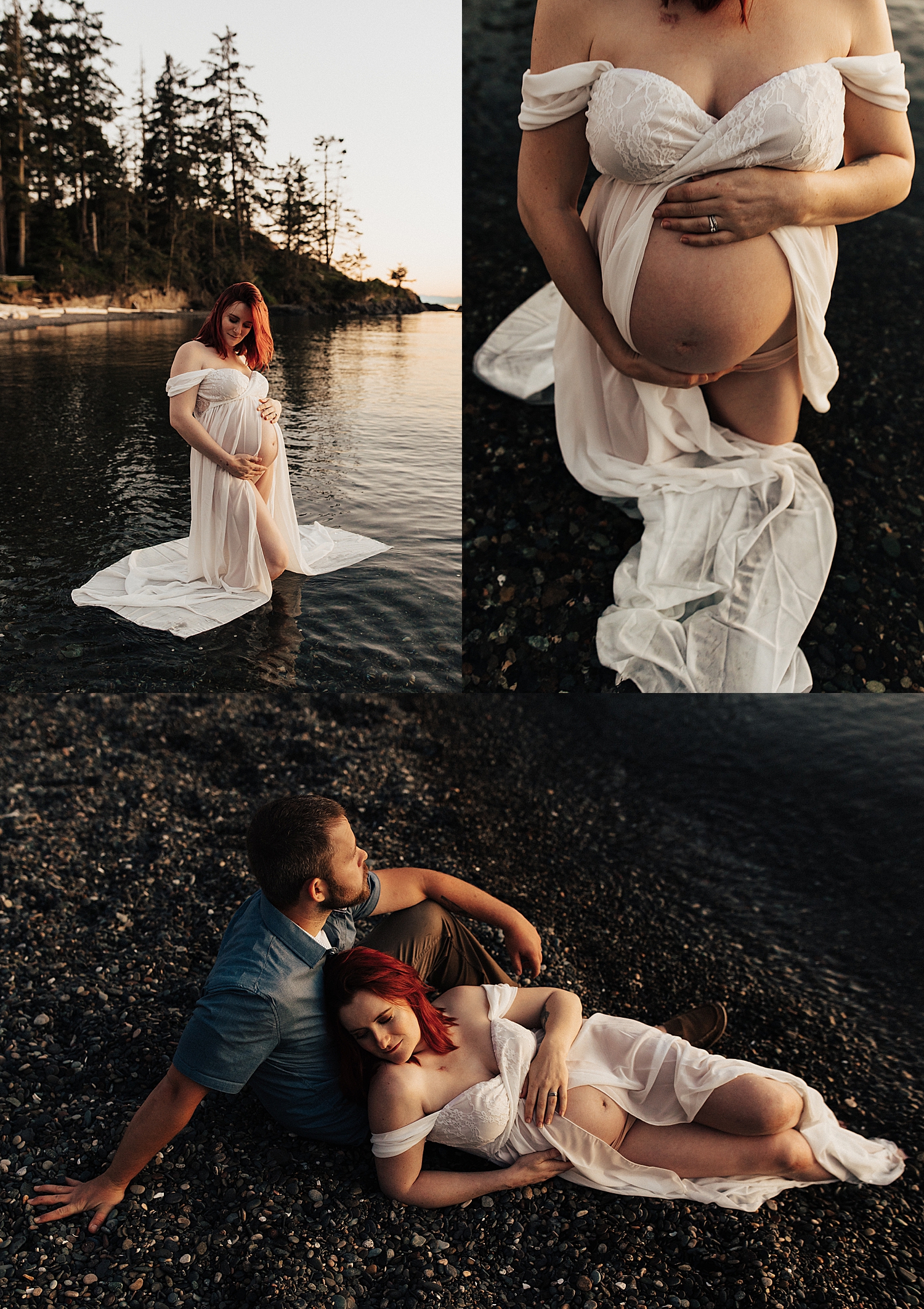 pregnant mom stands in water wearing a white dress at Rosario Beach 